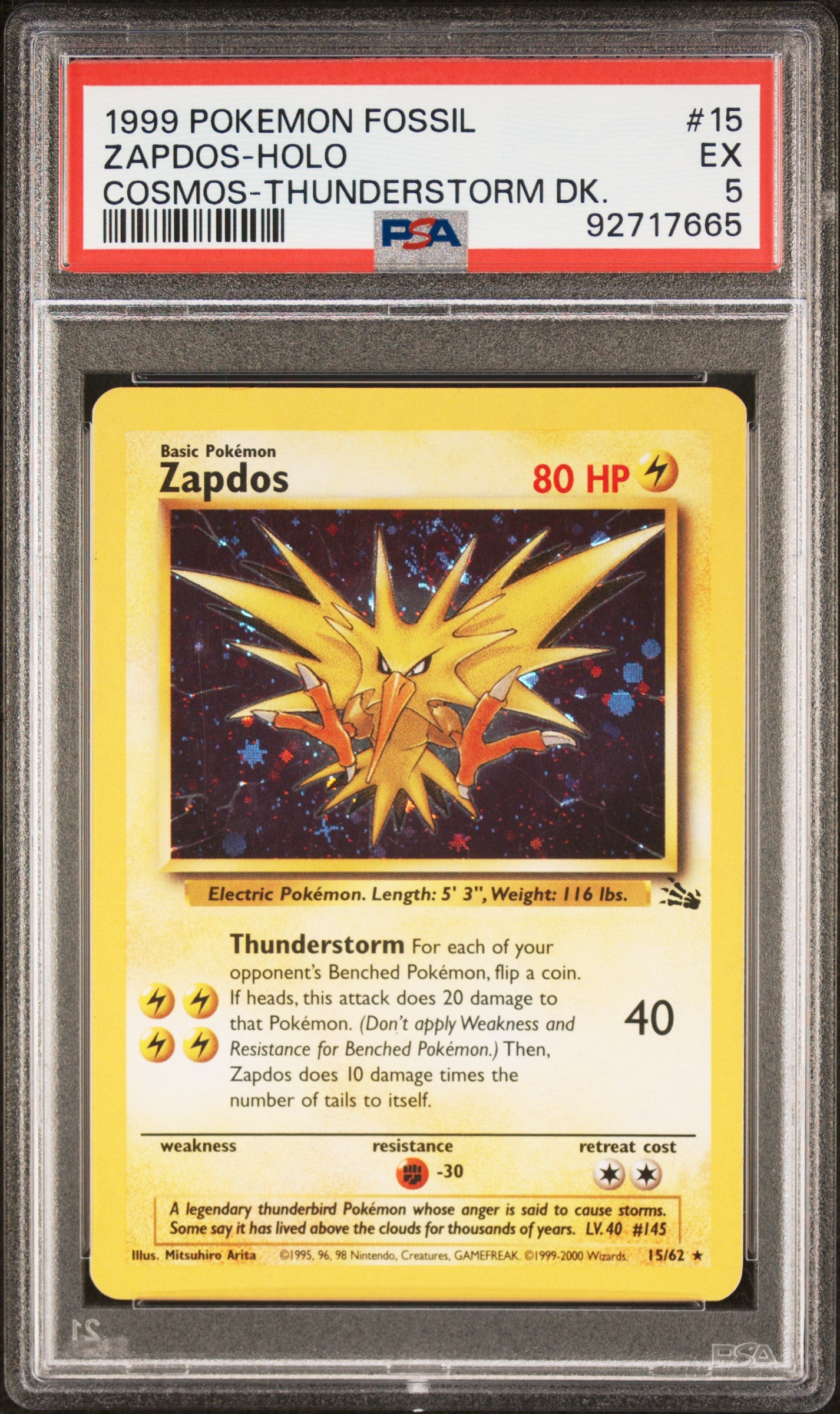 1999 Pokémon Fossil Zapdos #15/62 Holo PSA 5