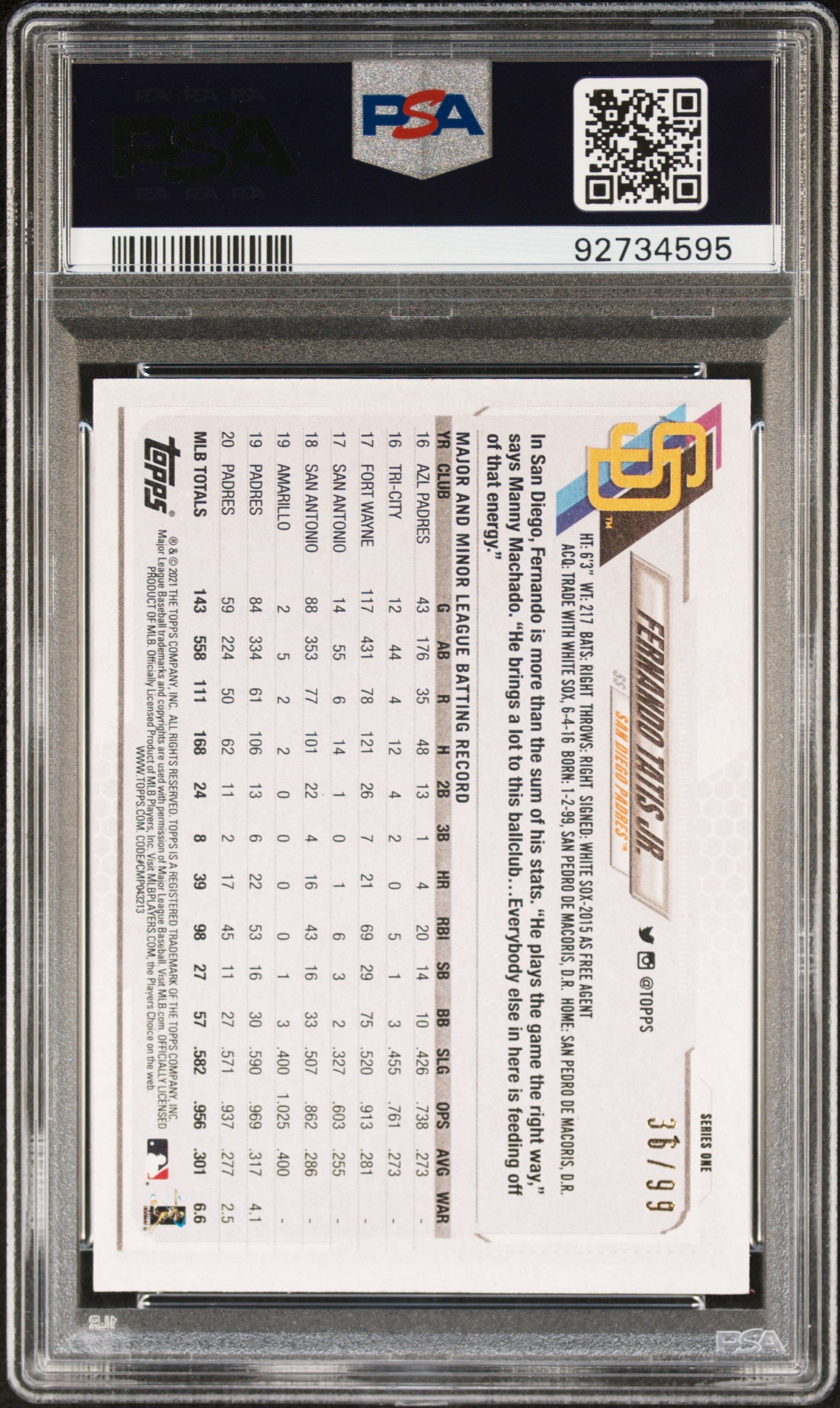 2021 Topps Series 1 Vintage Stock Fernando Tatis Jr. #1 /99 PSA 8