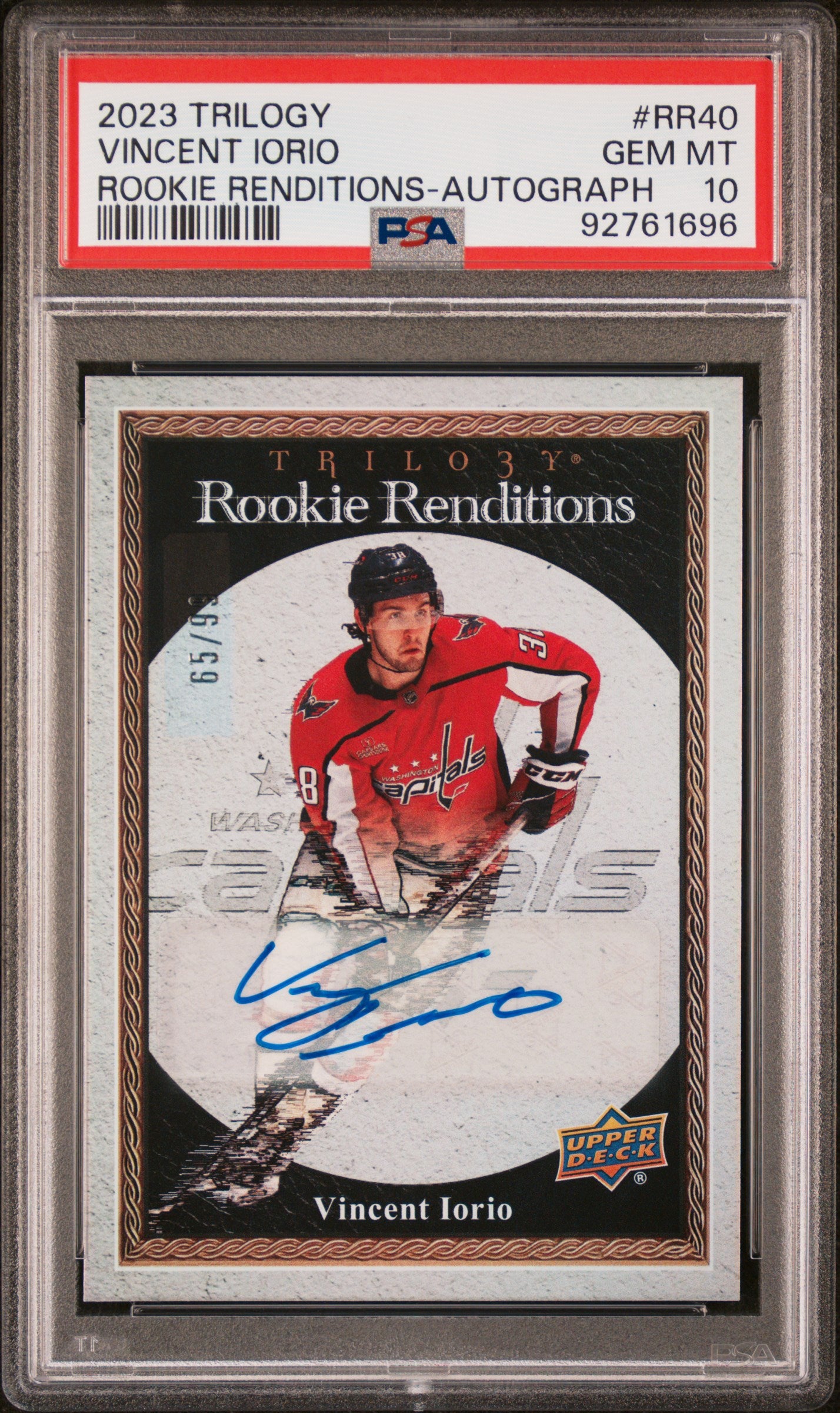 2023-24 Upper Deck Trilogy Rookie Renditions Vincent Iorio #RR40 Auto /99 PSA 10