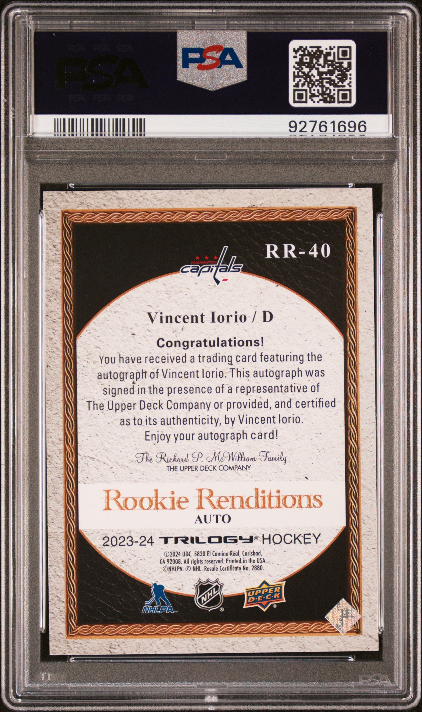 2023-24 Upper Deck Trilogy Rookie Renditions Vincent Iorio #RR40 Auto /99 PSA 10