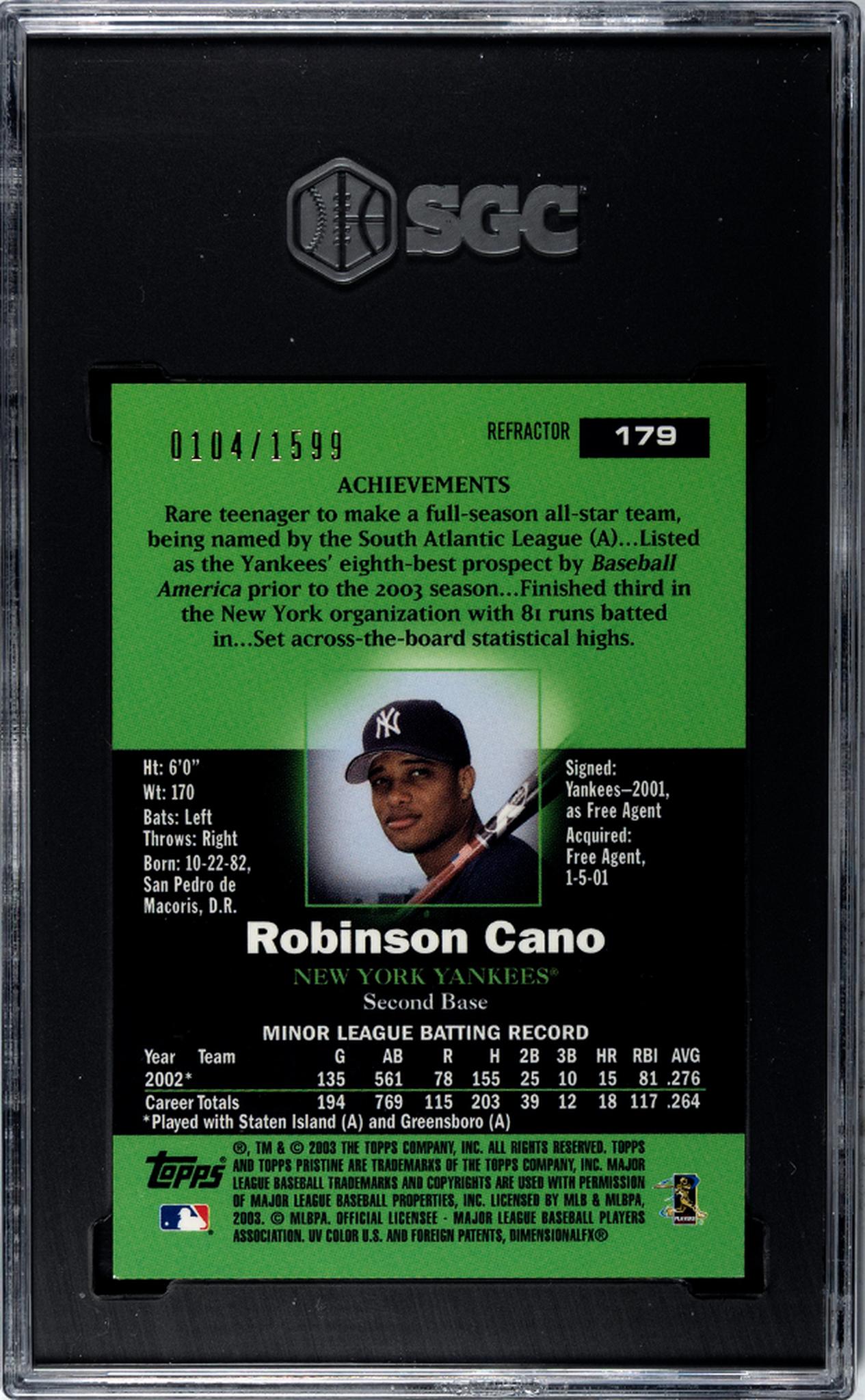 2003 Topps Pristine Refractor Robinson Cano #179 /1599 SGC 9