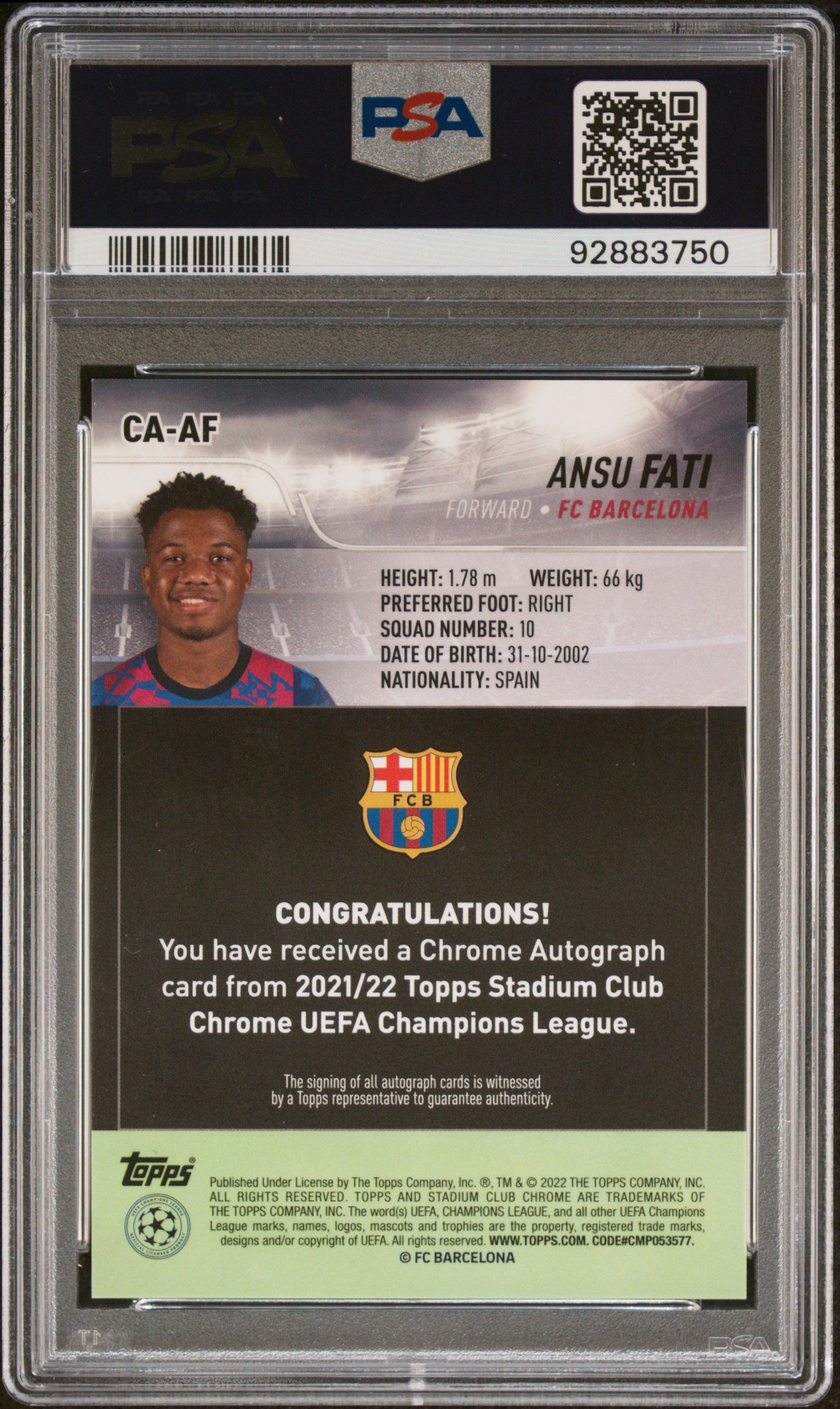 2021 Topps Stadium Club Chrome UEFA Champions League Chrome Autographs #AF Ansu Fati PSA 10