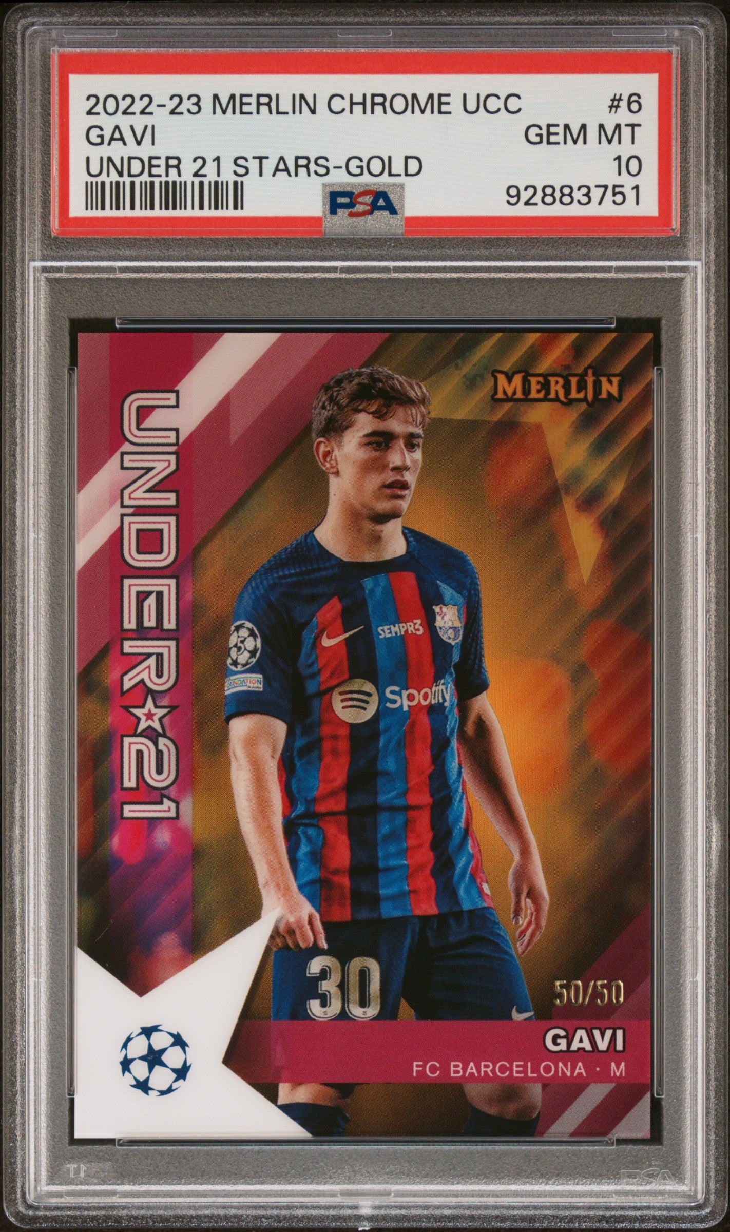 2022 Topps Merlin Chrome UEFA Club Competitions Under 21 Stars #6 Gavi Gold Ref PSA 10