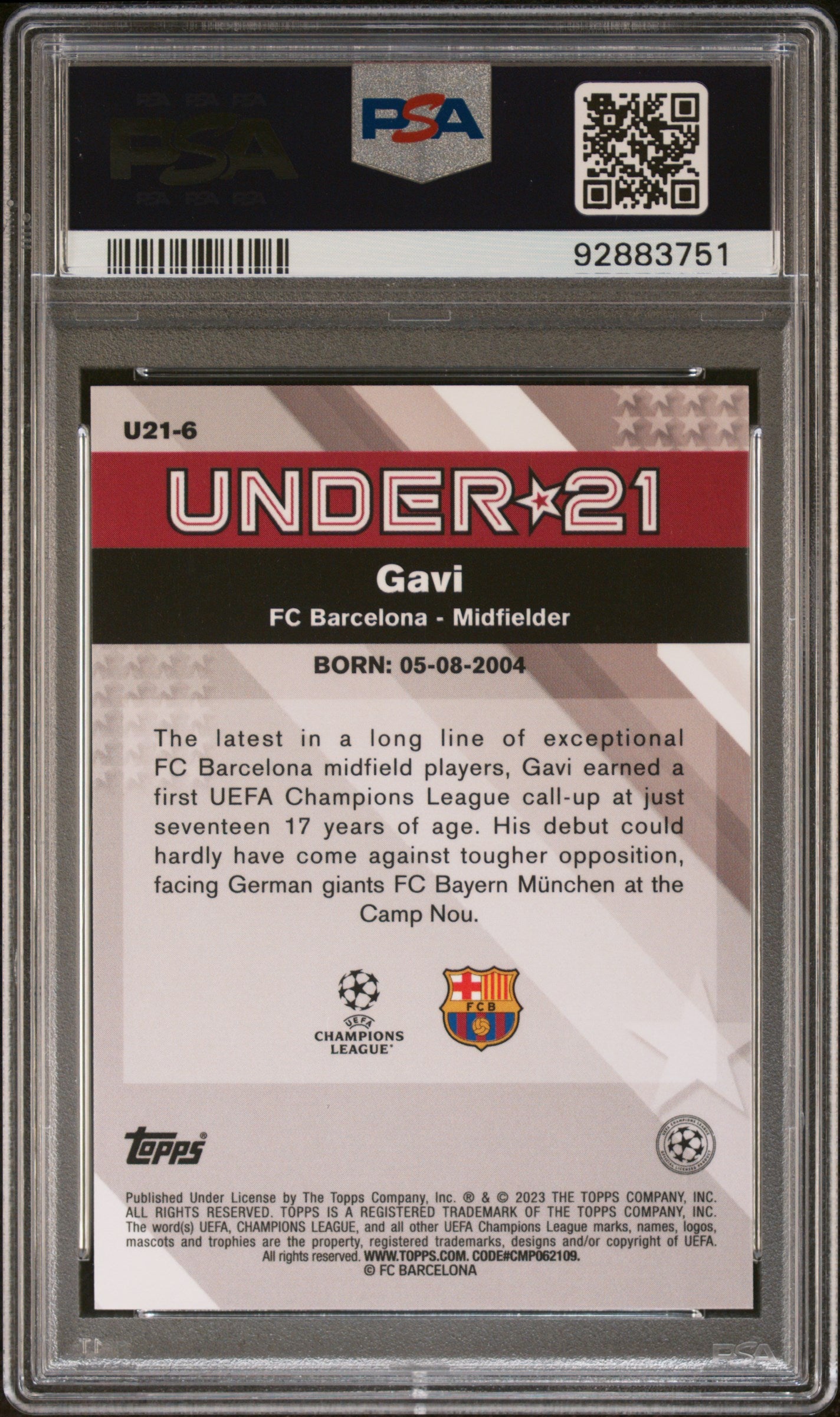 2022 Topps Merlin Chrome UEFA Club Competitions Under 21 Stars #6 Gavi Gold Ref PSA 10