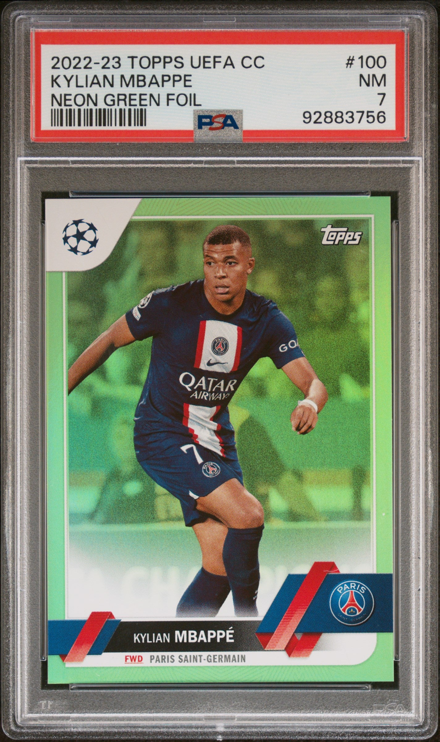 2022 Topps UEFA Club Competitions #100 Kylian Mbappe Neon Green Foil PSA 7