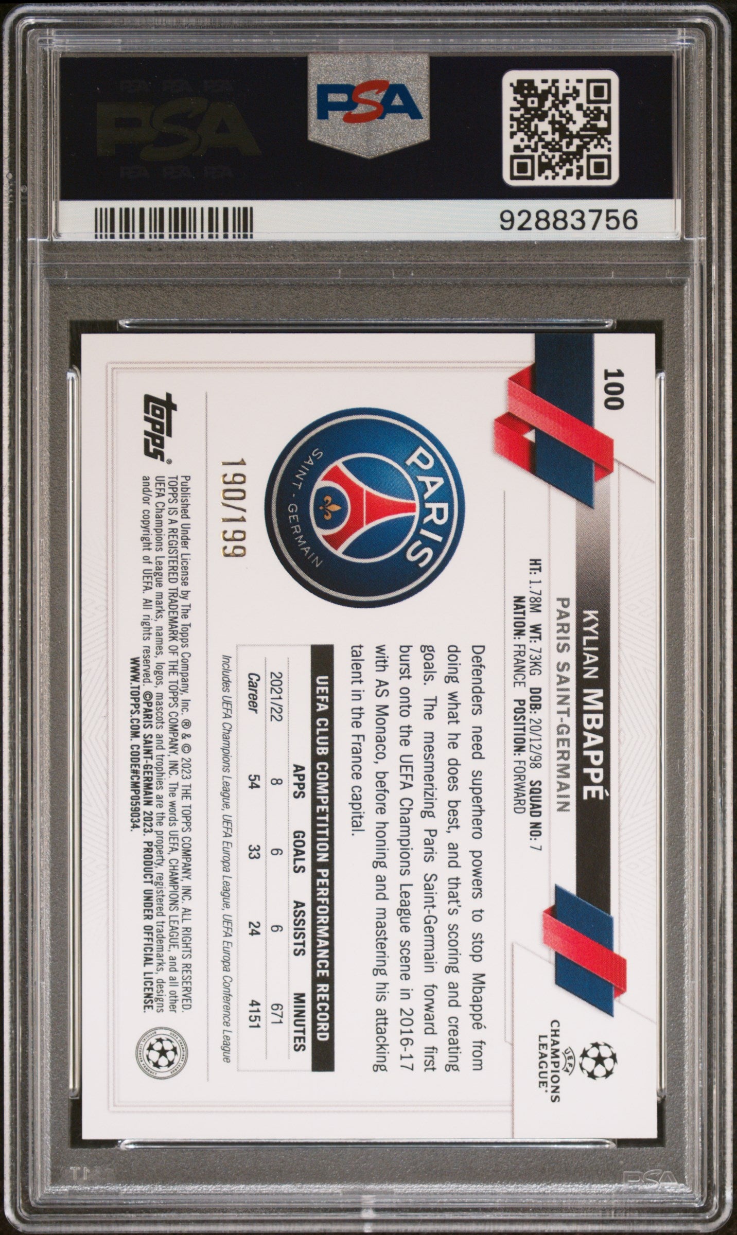 2022 Topps UEFA Club Competitions #100 Kylian Mbappe Neon Green Foil PSA 7