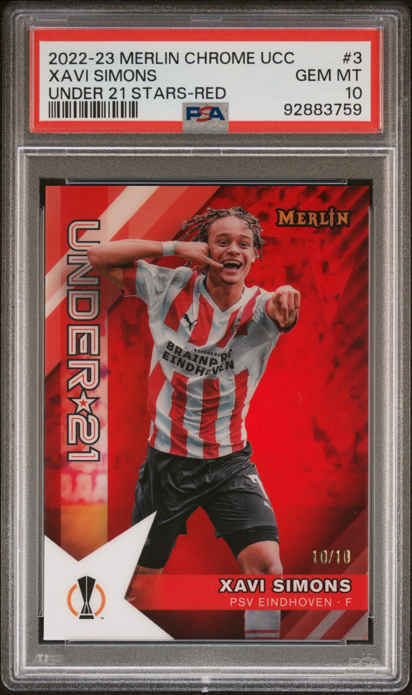 2022 Topps Merlin Chrome UEFA Club Competitions Under 21 Stars #3 Xavi Simons Red PSA 10