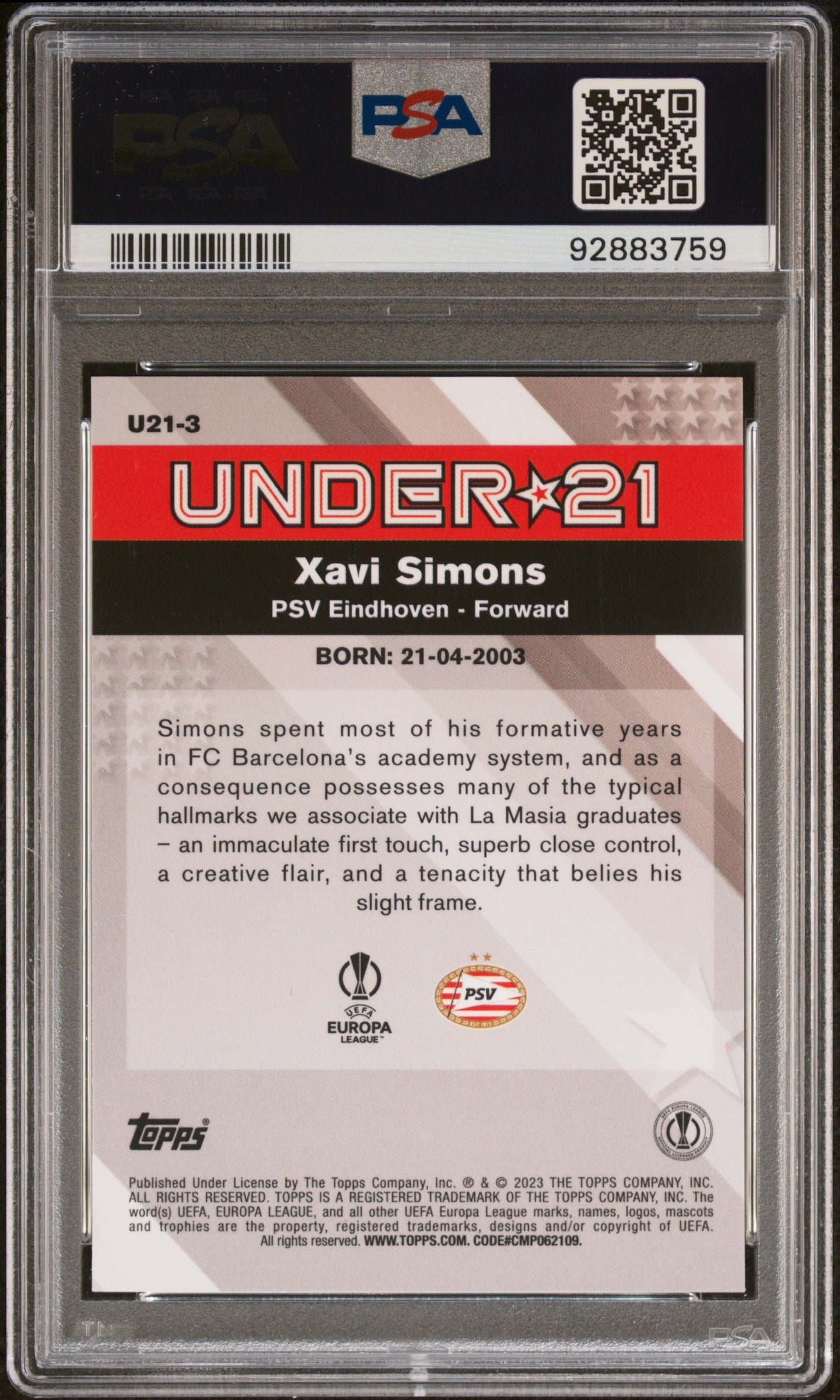 2022 Topps Merlin Chrome UEFA Club Competitions Under 21 Stars #3 Xavi Simons Red PSA 10