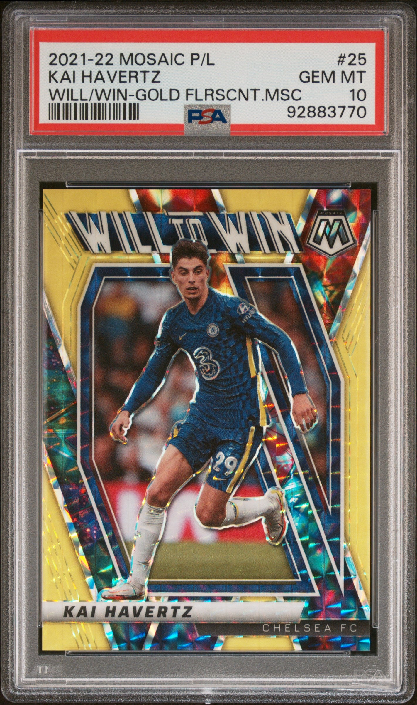 2021 Panini Mosaic Premier League Will To Win #25 Kai Havertz Gold Fluorescent Mosaic PSA 10