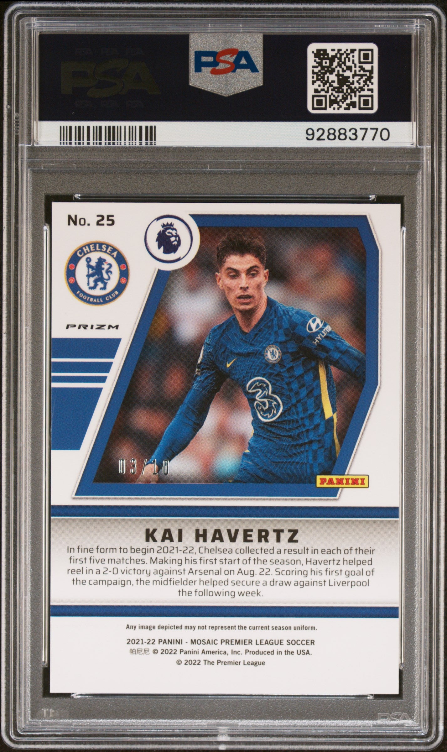 2021 Panini Mosaic Premier League Will To Win #25 Kai Havertz Gold Fluorescent Mosaic PSA 10