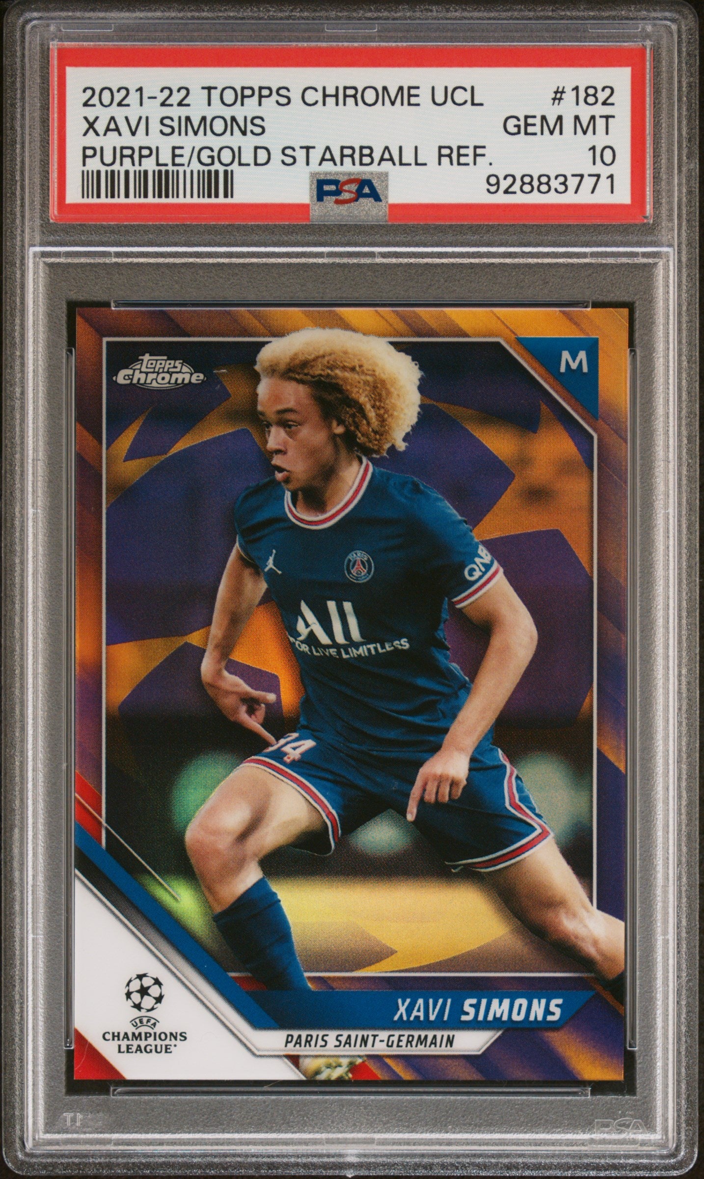 2021 Topps Chrome UEFA Champions League #182 Xavi Simons Purple & Gold Starball Refractor PSA 10