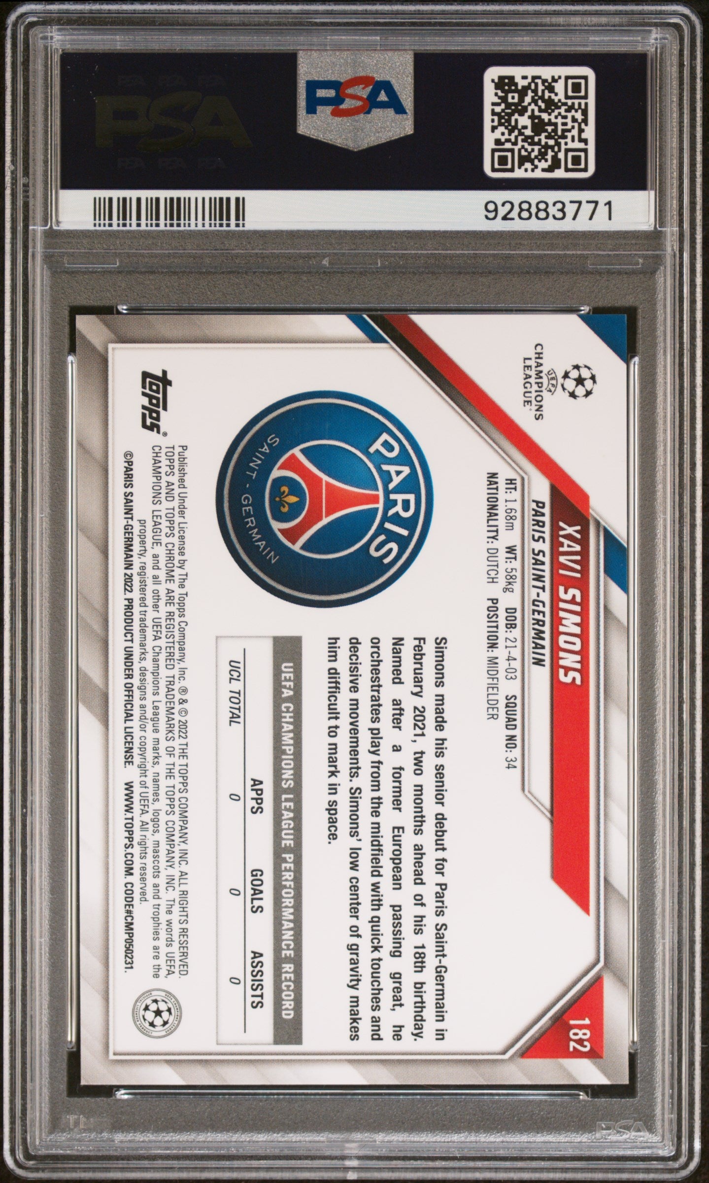 2021 Topps Chrome UEFA Champions League #182 Xavi Simons Purple & Gold Starball Refractor PSA 10