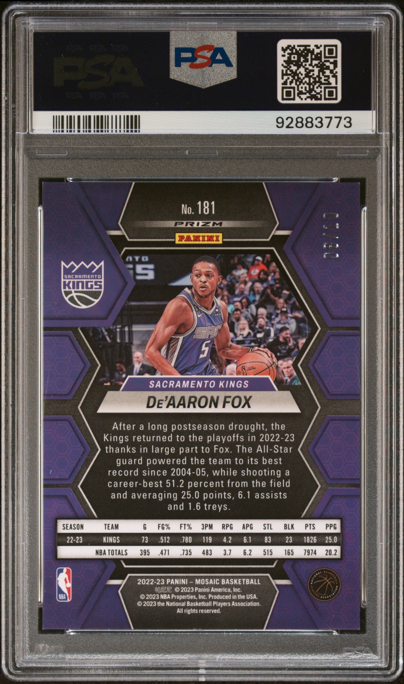 2022 Panini Mosaic #181 De'Aaron Fox Pink Fluorescent PSA 9