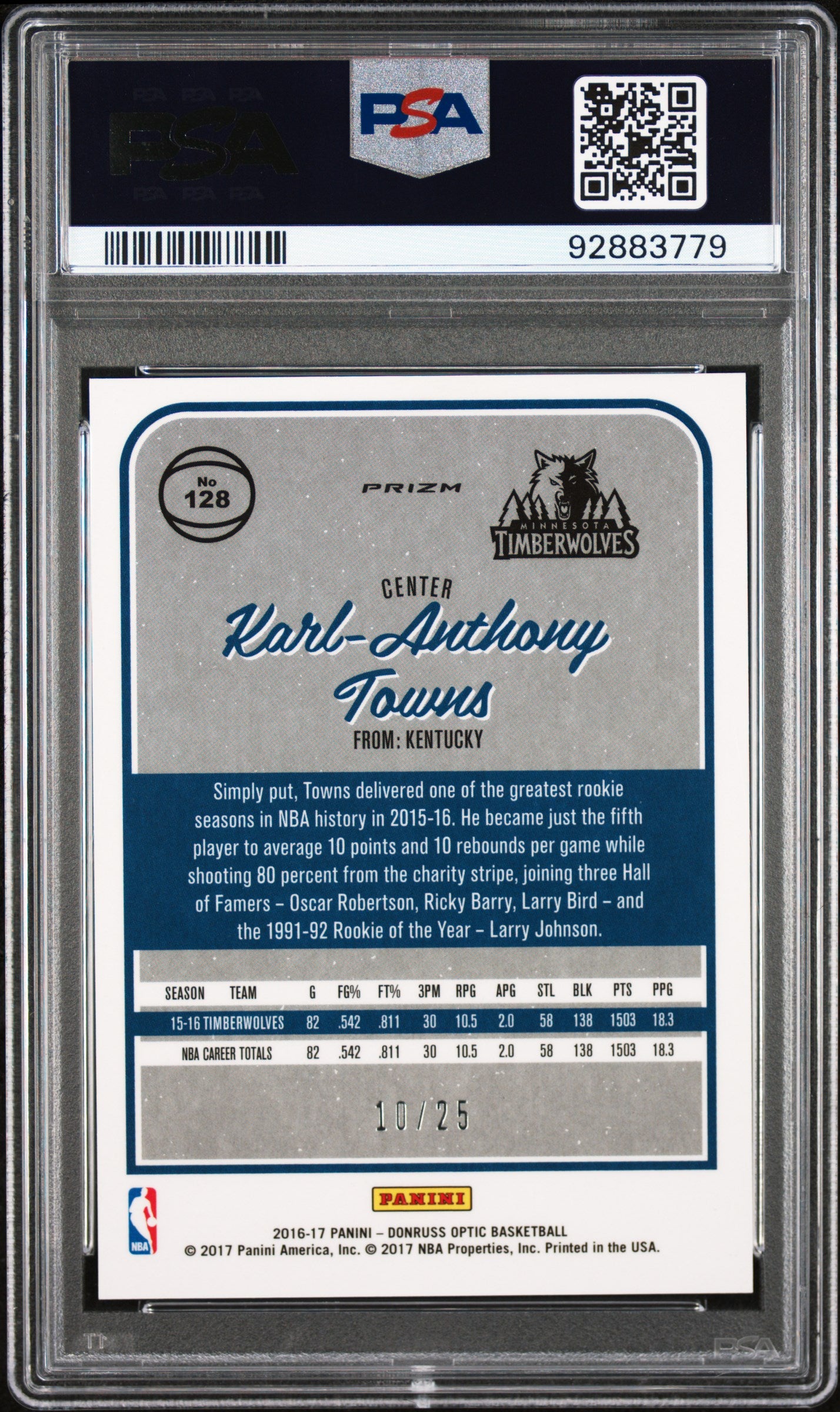 2016 Panini Donruss Optic #128 Karl-Anthony Towns Aqua PSA 8