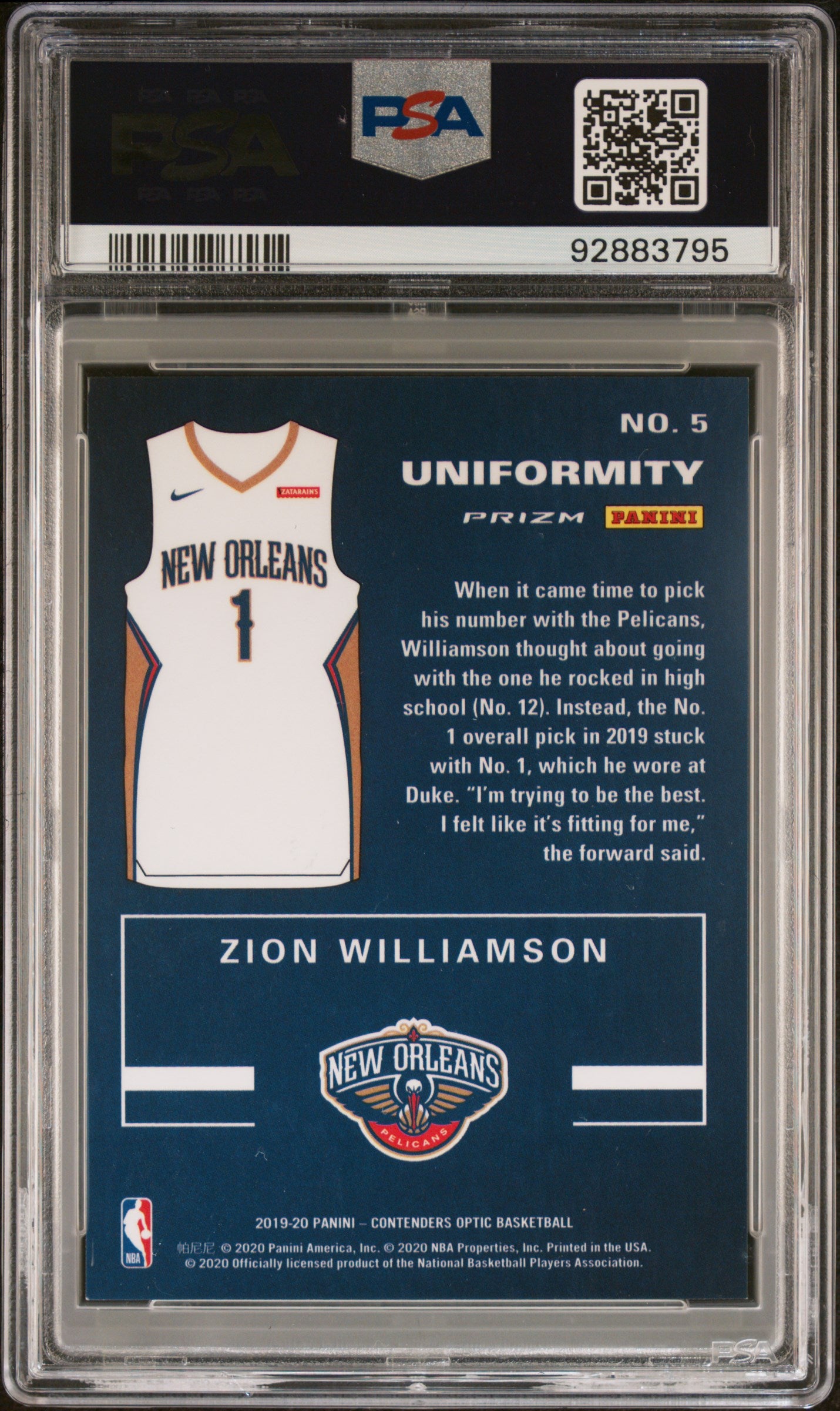 2019 Panini Contenders Optic #5 Zion Williamson Uniformity PSA 8