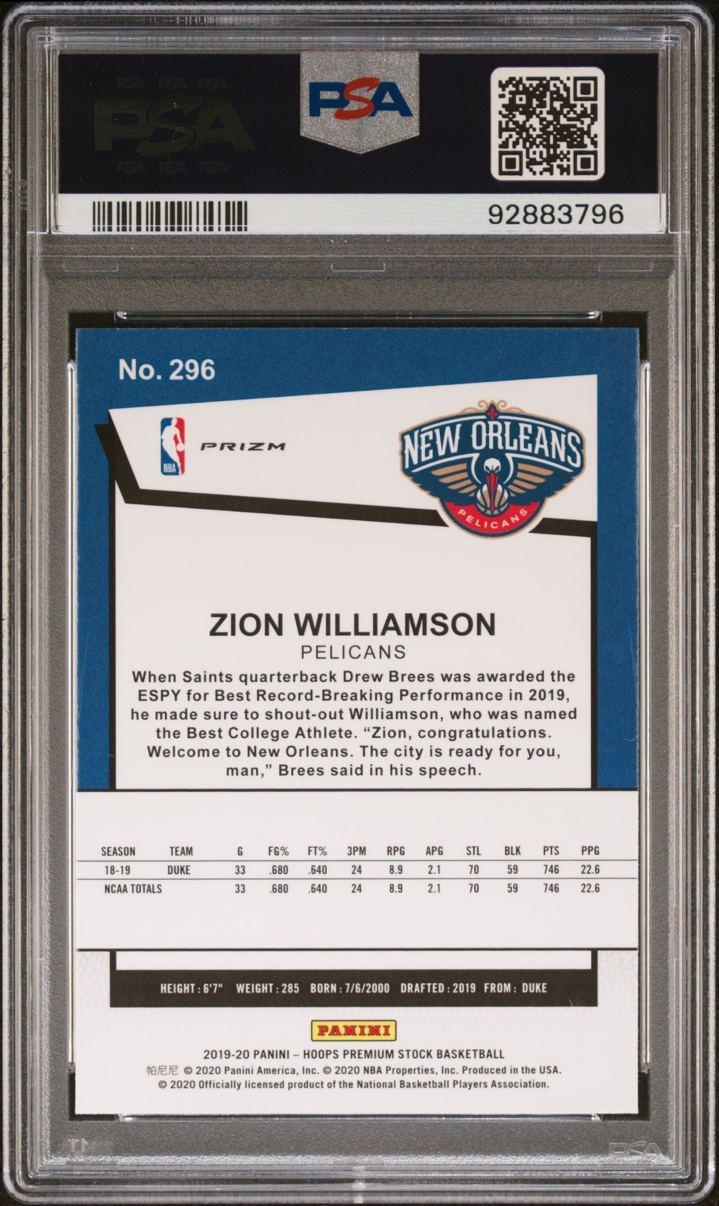 2019 Hoops Premium Stock #296 Zion Williamson Silver Laser Prizm PSA 10