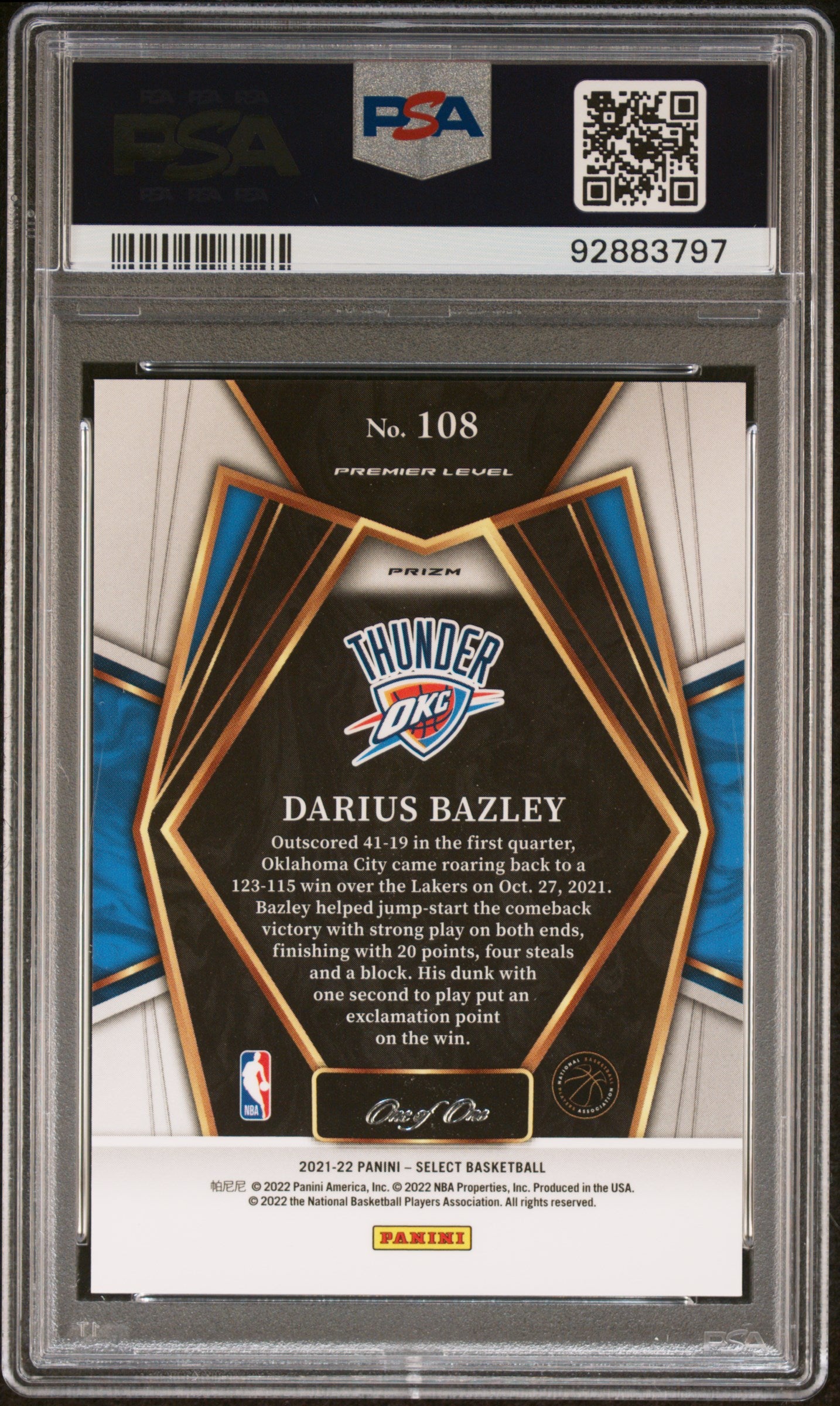 2021 Panini Select #108 Darius Bazley Black/White/Gold Prizm 1/1 PSA 9