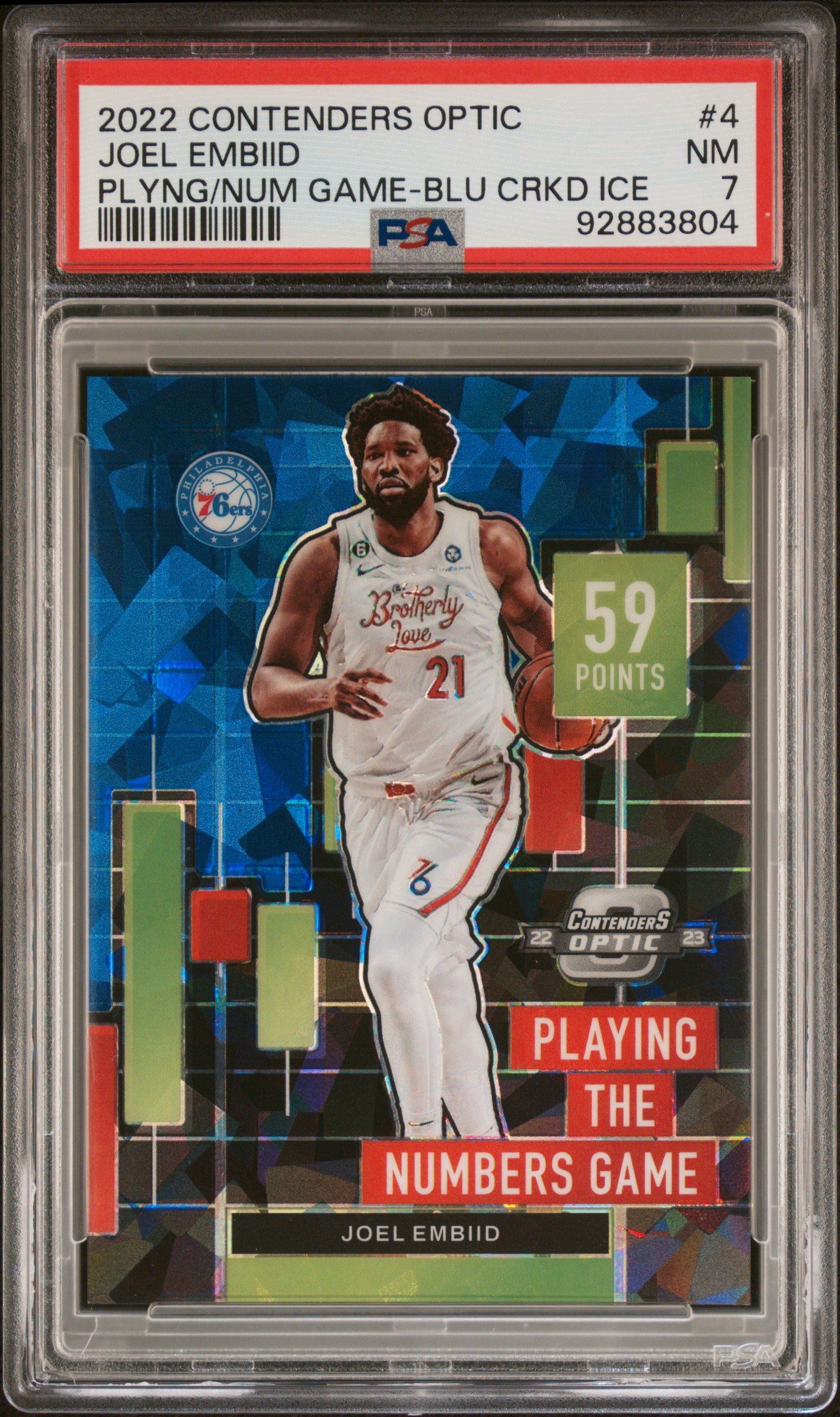 2022 Panini Contenders Optic Playing the Numbers Game #4 Joel Embiid Plyng/Num Game-Blu Crkd Ice PSA 7