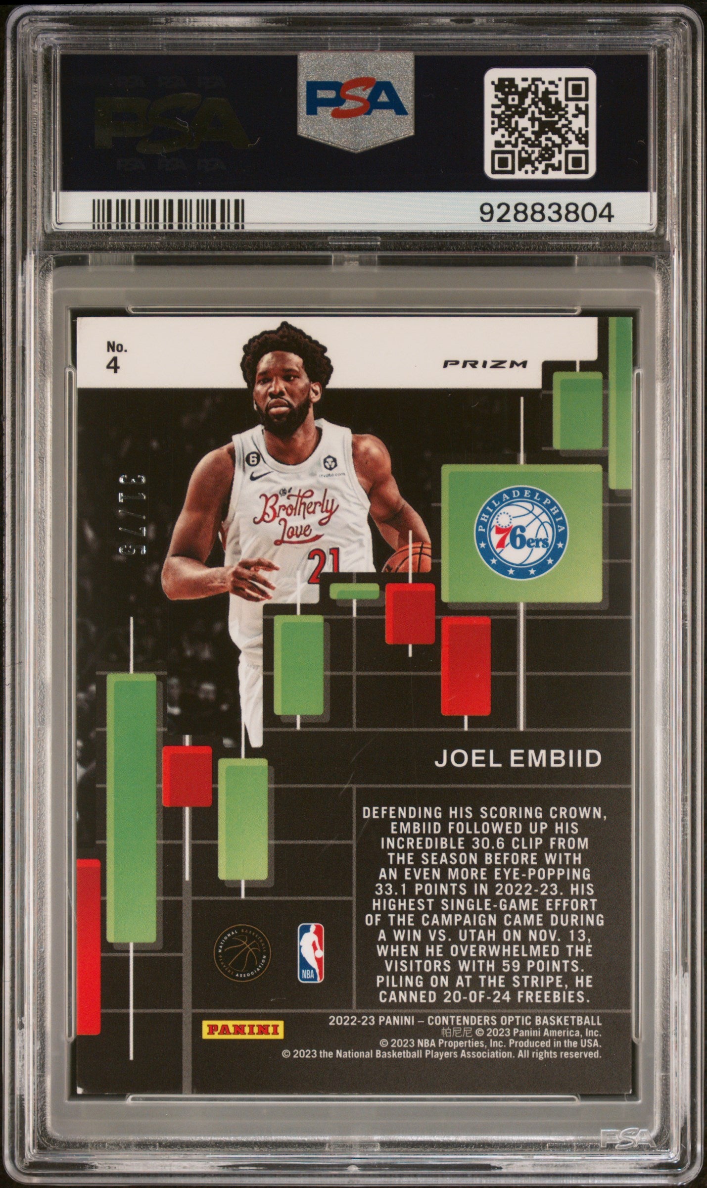 2022 Panini Contenders Optic Playing the Numbers Game #4 Joel Embiid Plyng/Num Game-Blu Crkd Ice PSA 7