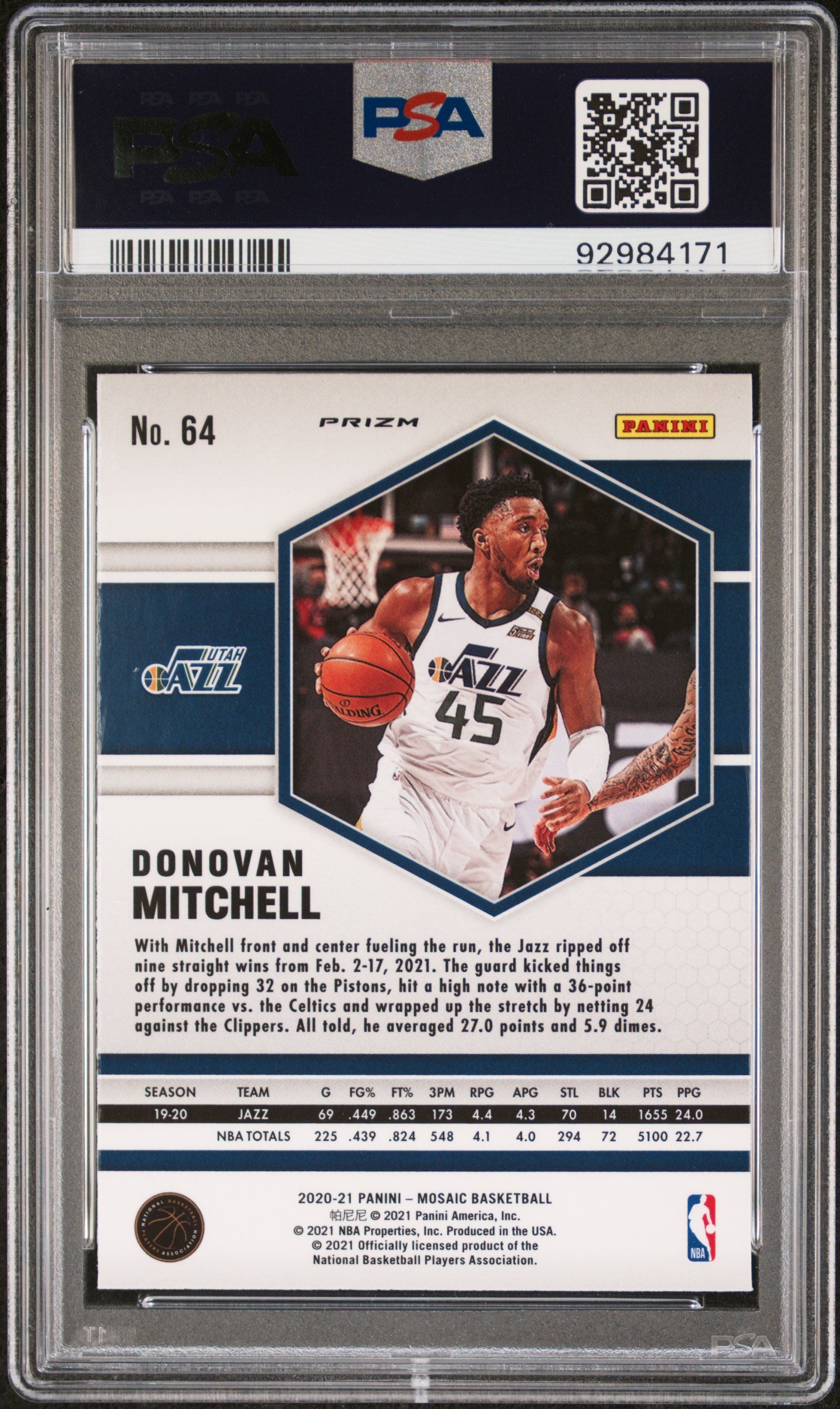 2020 Panini Mosaic #64 Donovan Mitchell Reactive Yellow PSA 10