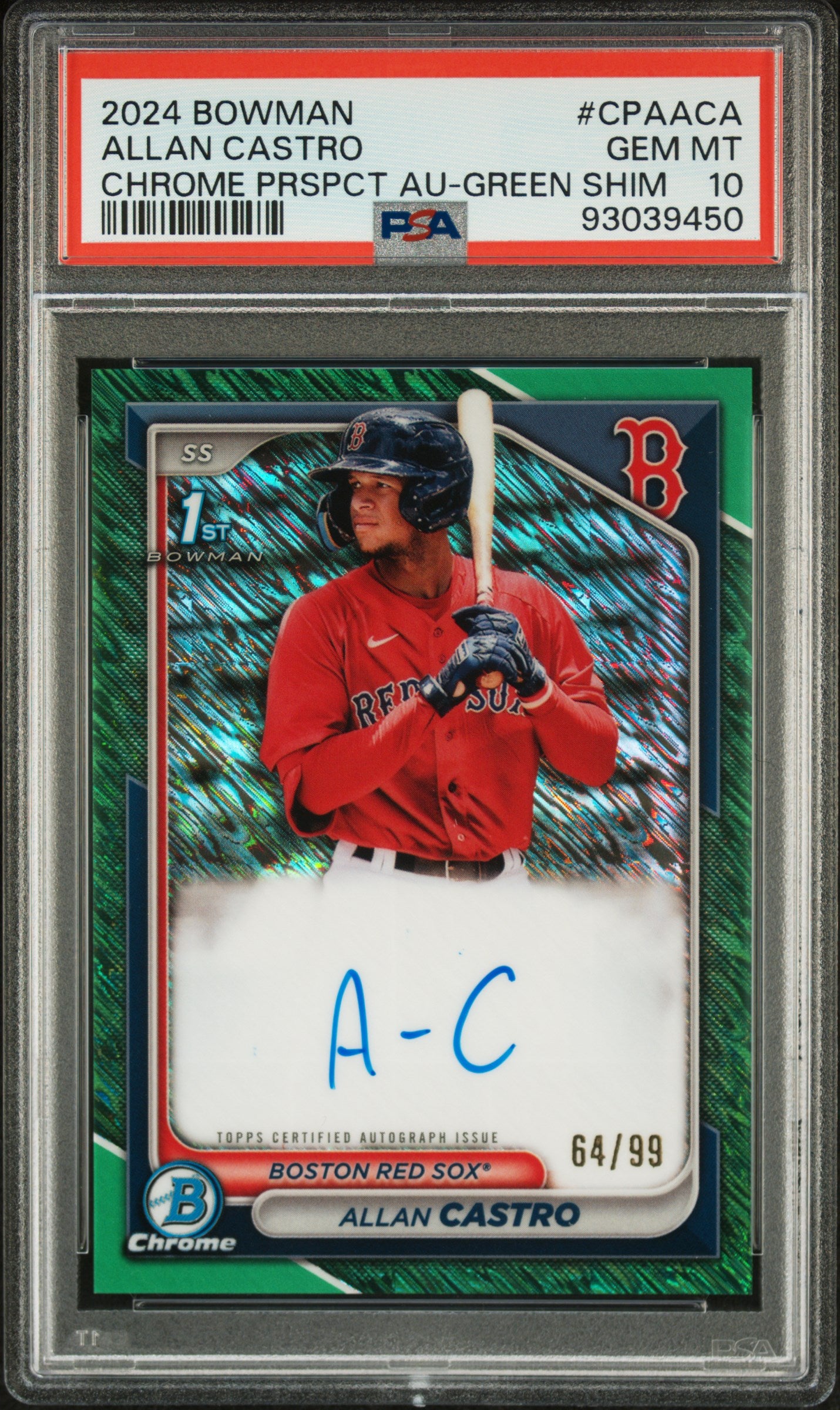 2024 Bowman Chrome Prospect Autographs #CPAACA Allan Castro Chrome Prspct Au-Green Shim PSA 10