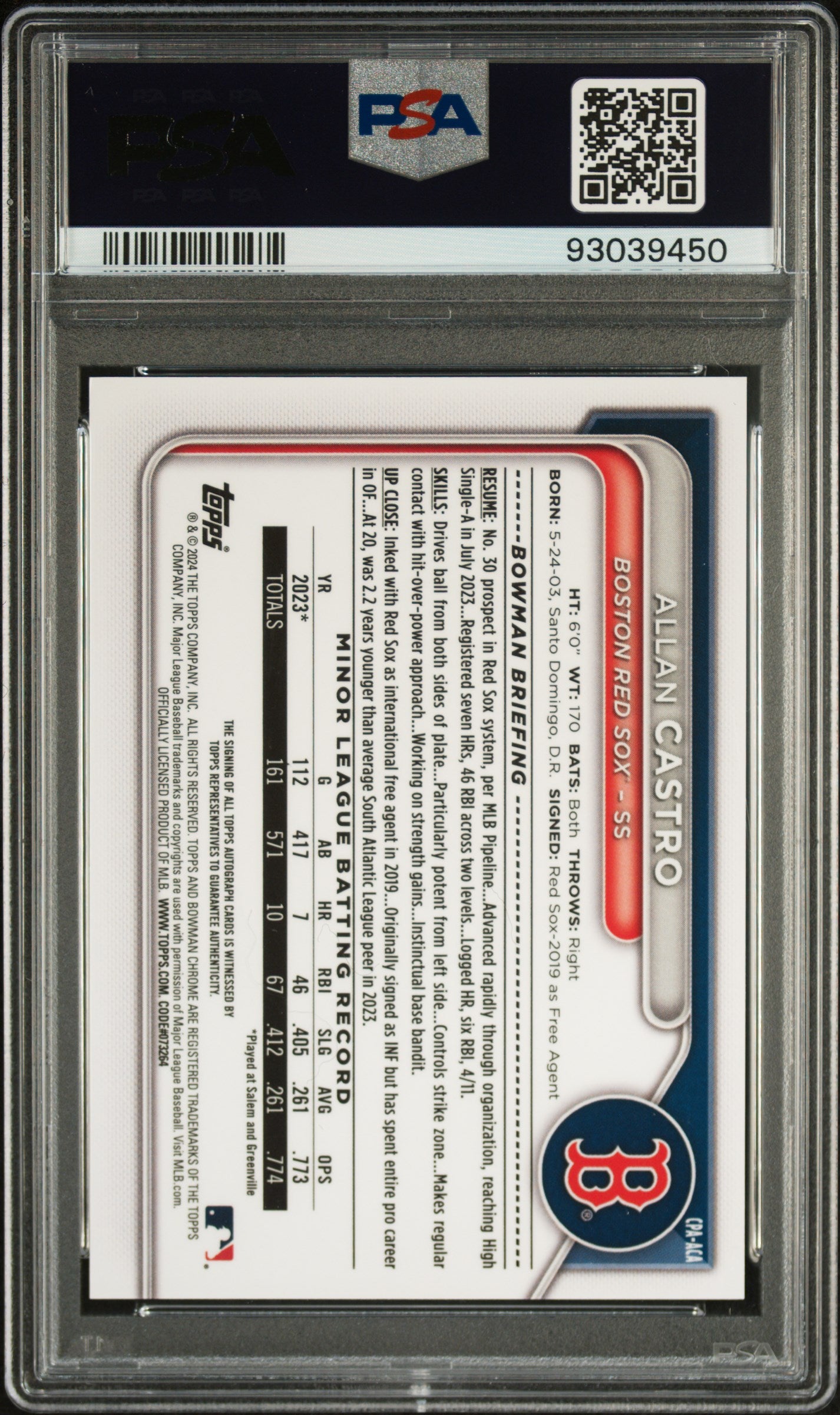 2024 Bowman Chrome Prospect Autographs #CPAACA Allan Castro Chrome Prspct Au-Green Shim PSA 10