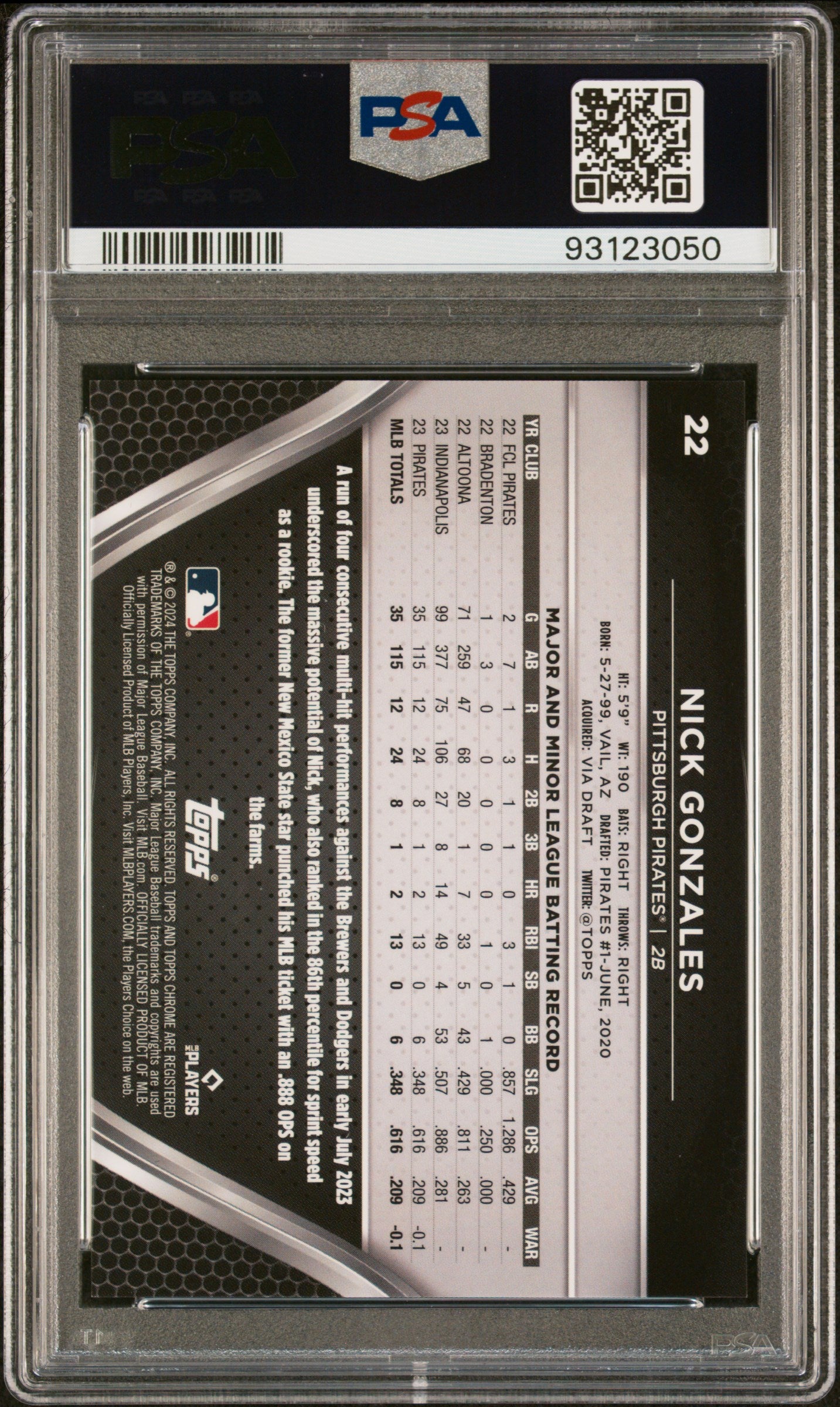 2024 Topps Chrome Black Gold Mini Diamond Nick Gonzales #22 RC /50 PSA 10