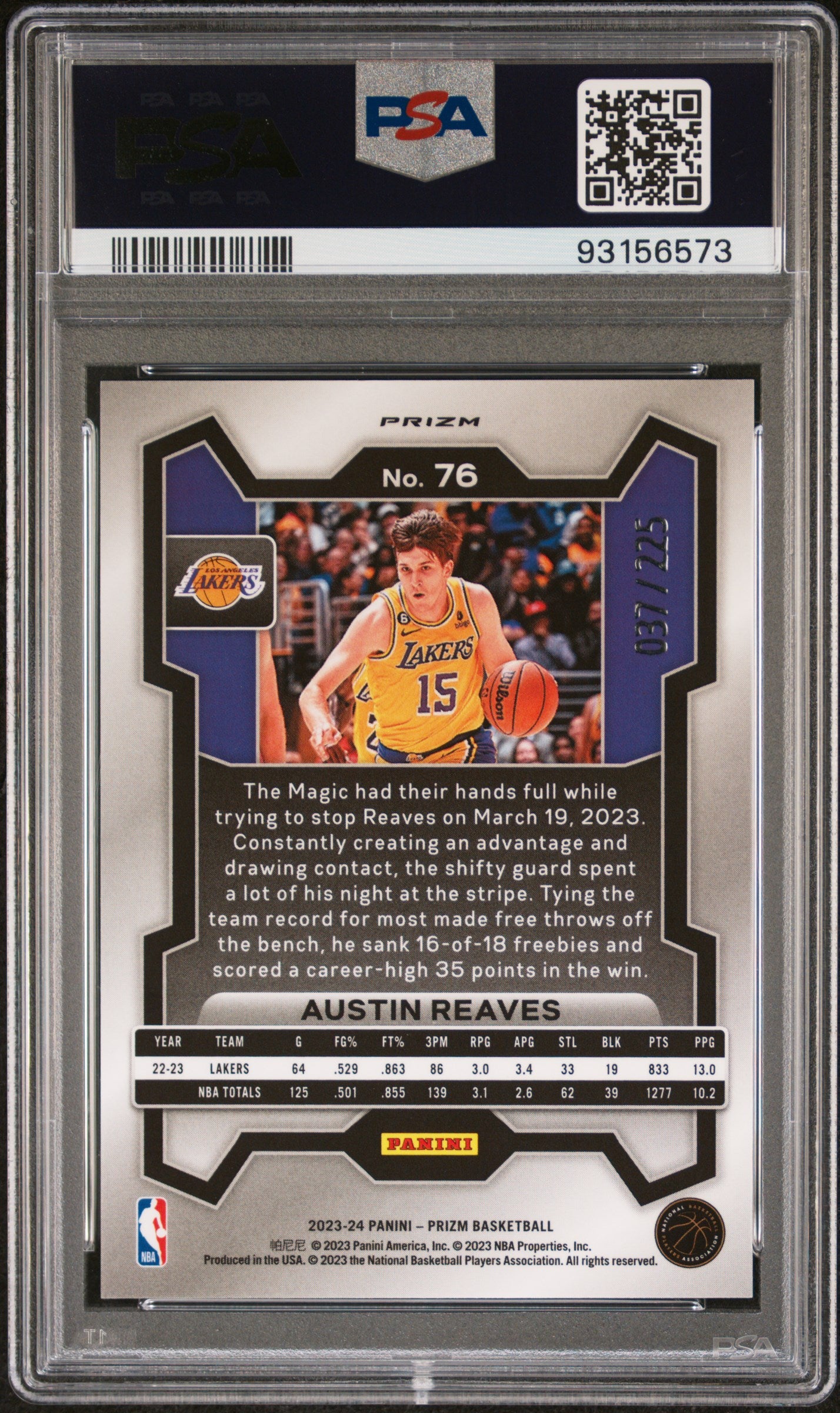 2023 Prizm #76 Austin Reaves /225 PSA 10