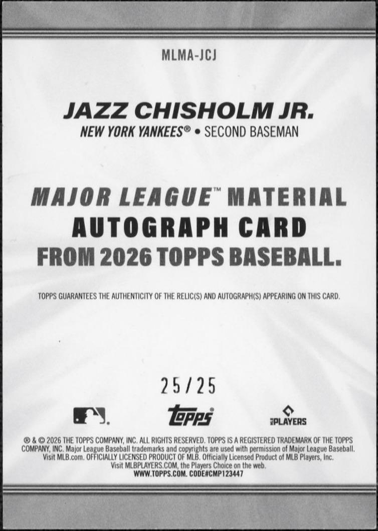 2026 Topps MLMA-JCJ Jazz Chisholm Patch Auto Orange /25