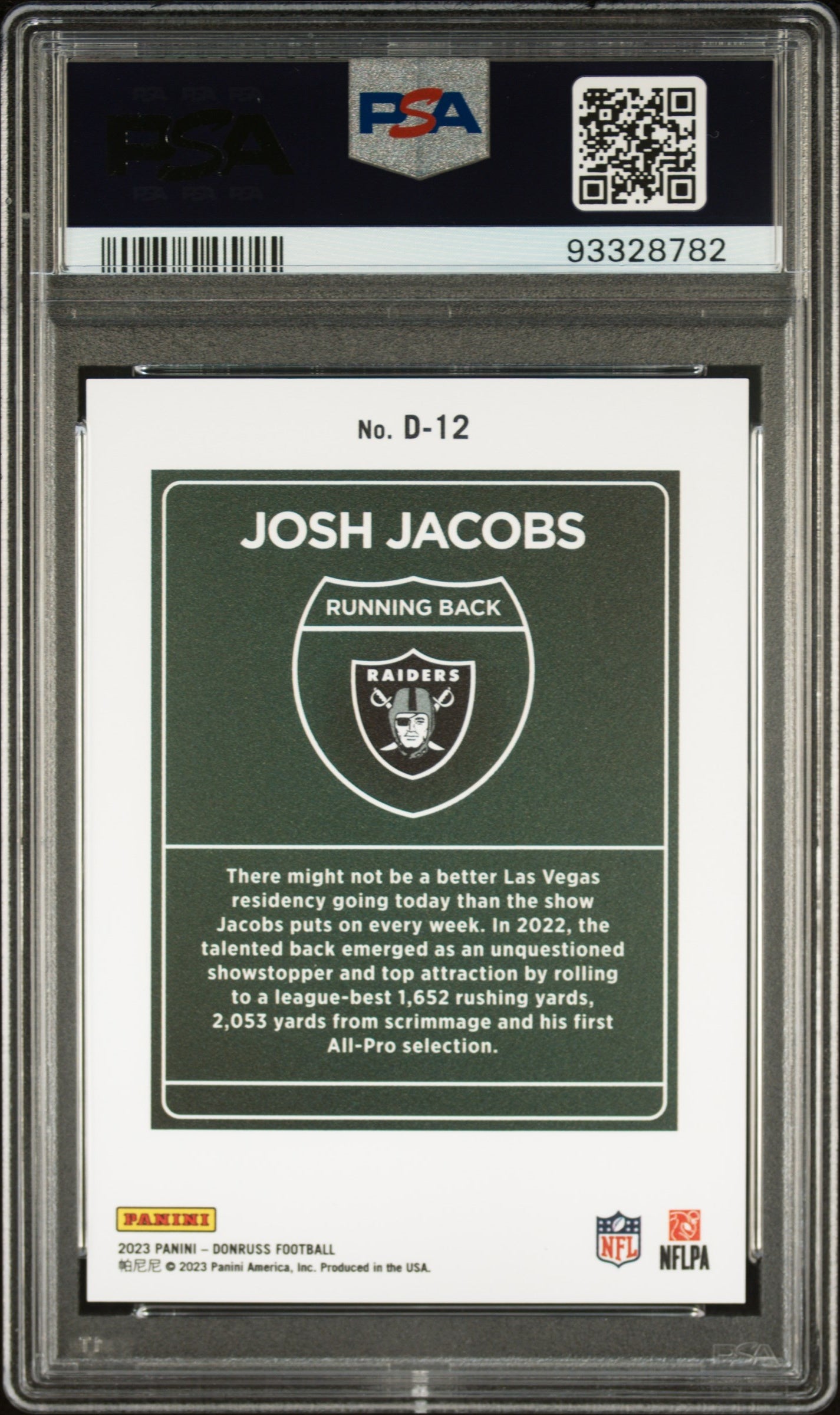 2023 Donruss #12 Josh Jacobs Downtown PSA 9