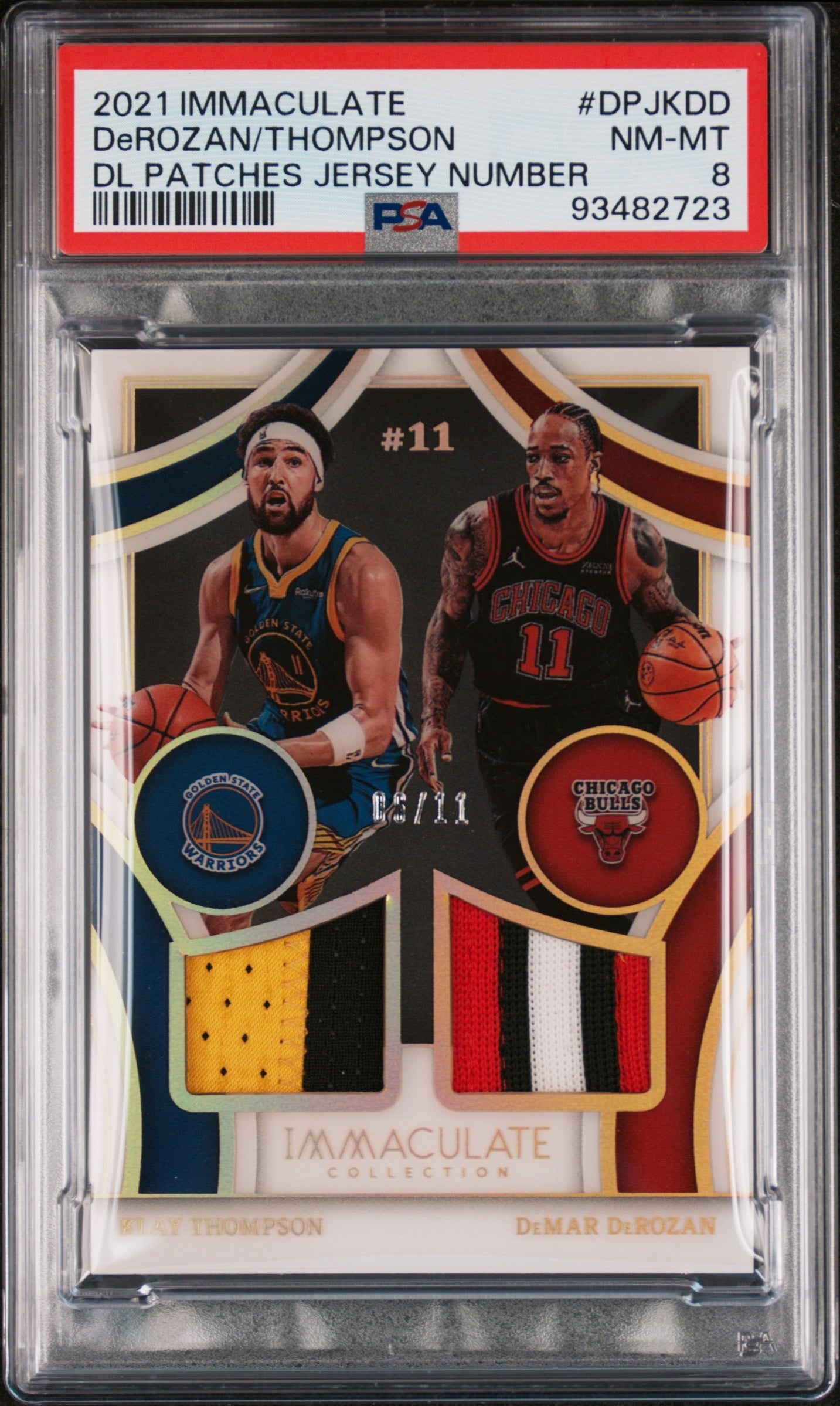 2021 Panini Immaculate Collection Dual Patches Jersey Numbers #DPJKDD DeMar Derozan/Klay Thompson PSA 8