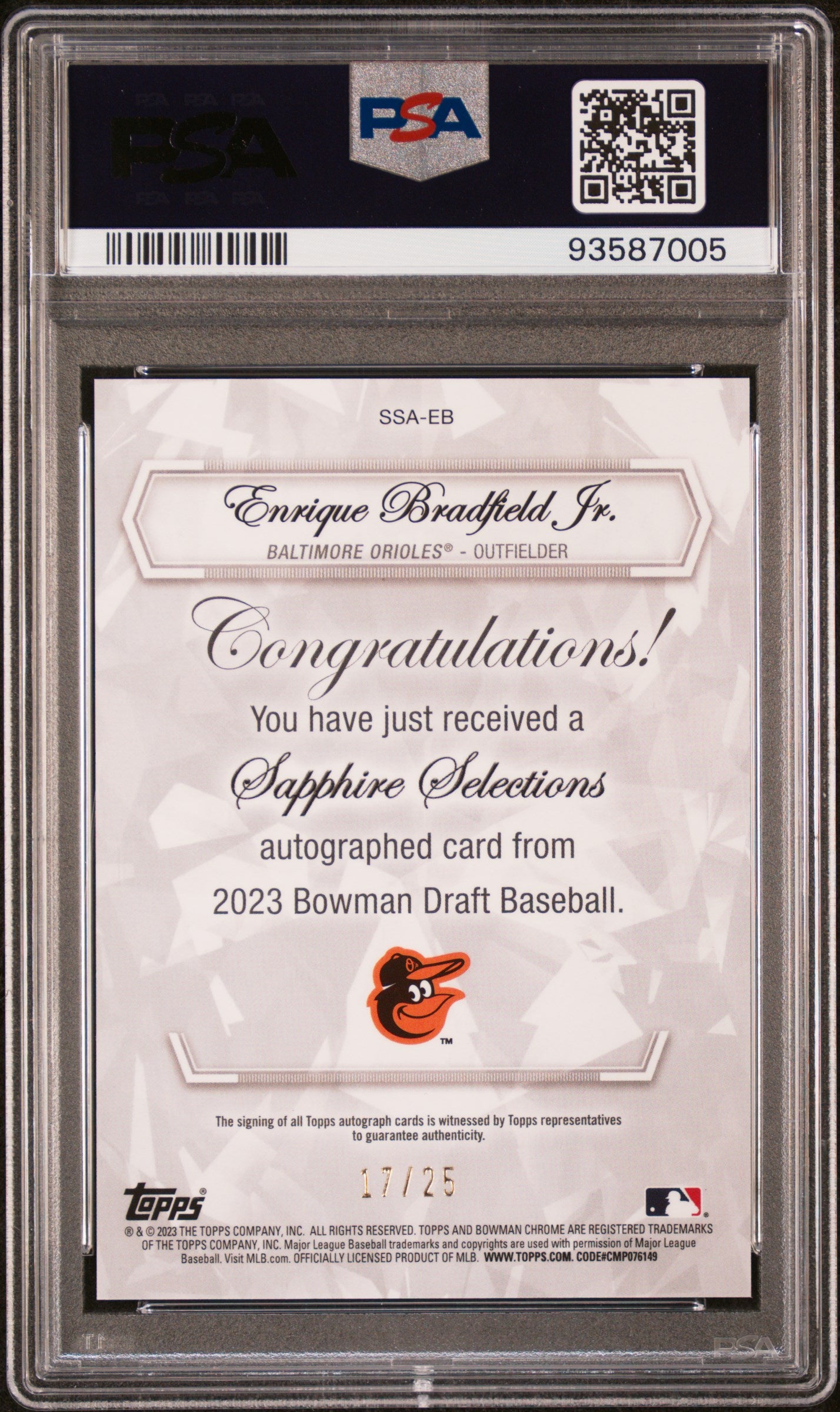 2023 Bowman Draft Sapphire Selections Auto /25 Enrique Bradfield Jr. PSA 10