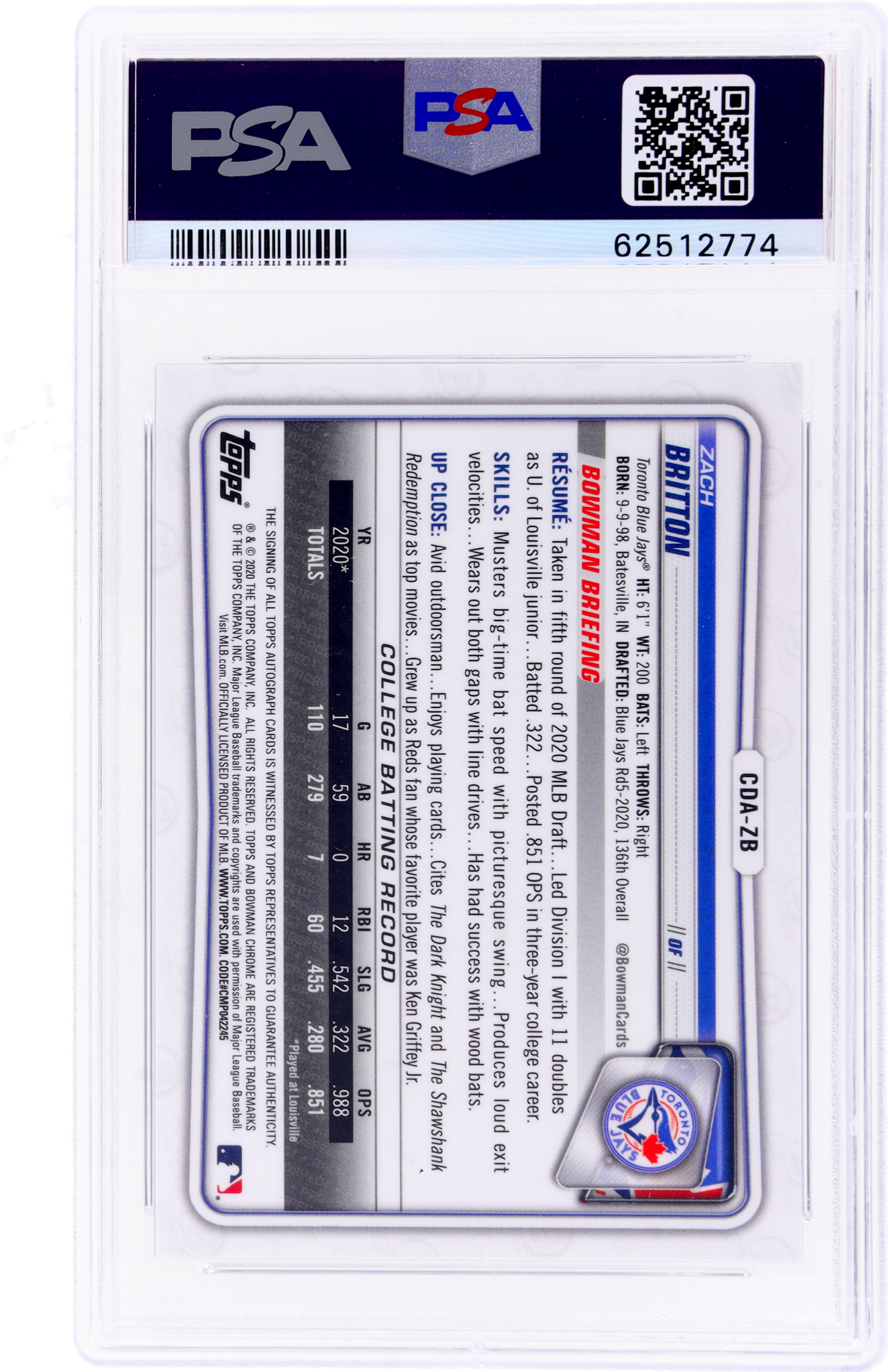 2020 Bowman Draft Chrome Autograph Blue Refractor Zach Britton /150 PSA 9