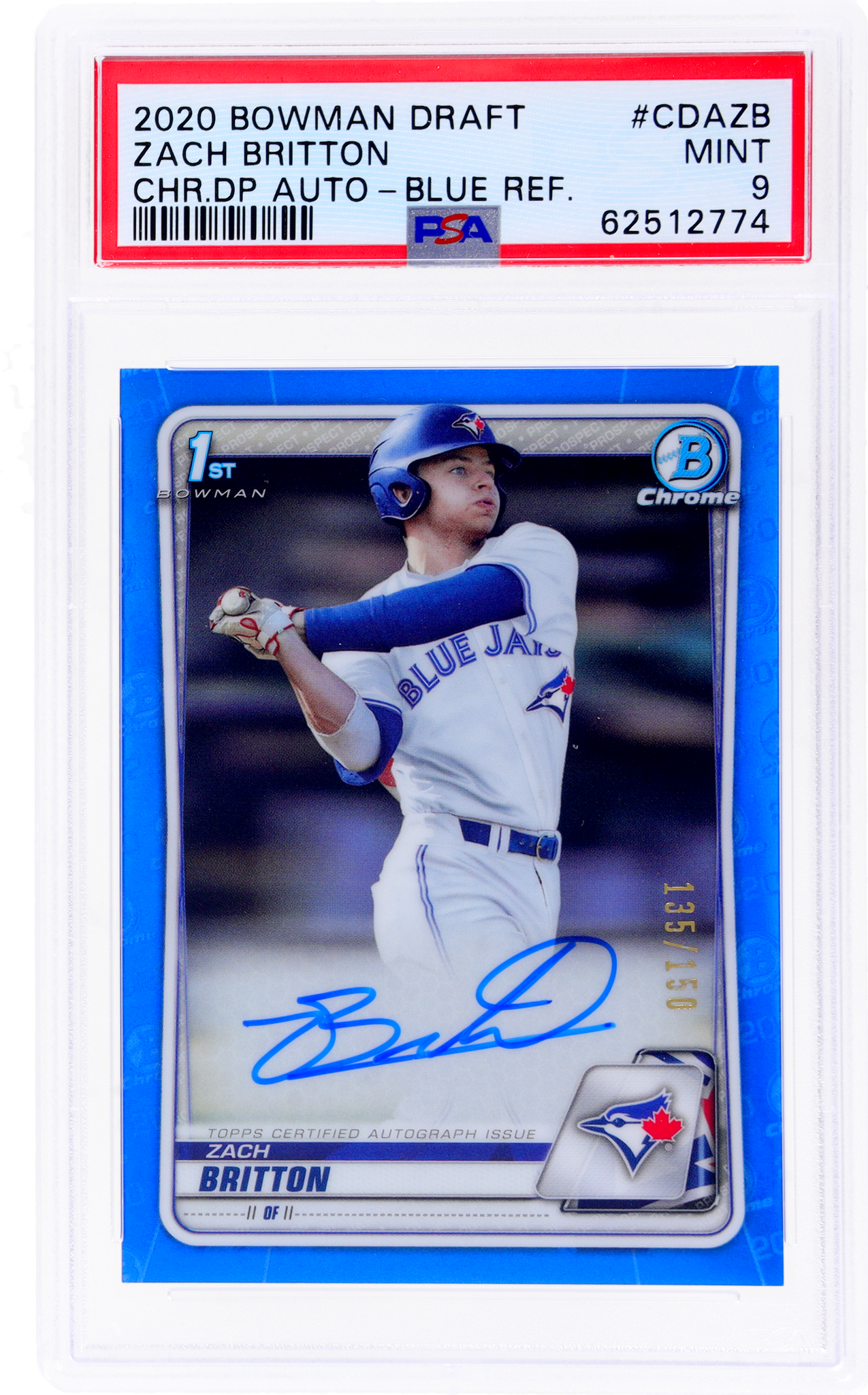 2020 Bowman Draft Chrome Autograph Blue Refractor Zach Britton /150 PSA 9