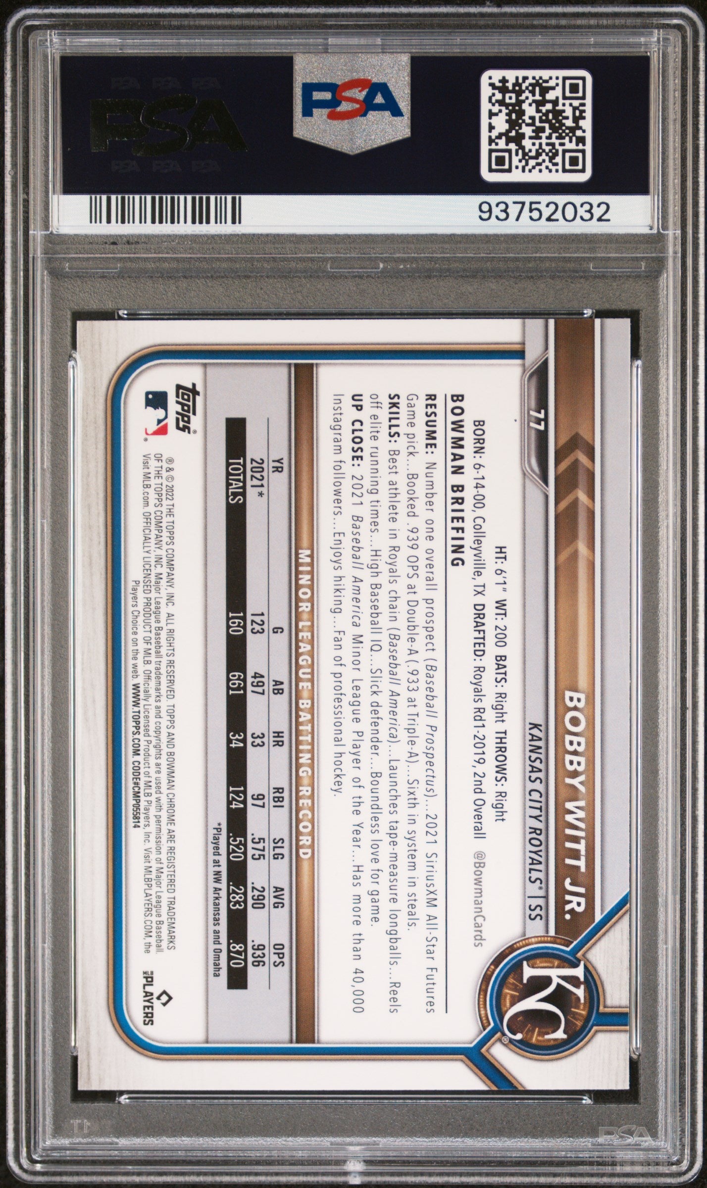 2022 Topps Bowman Chrome Bobby Witt Jr. #77 RC PSA 10