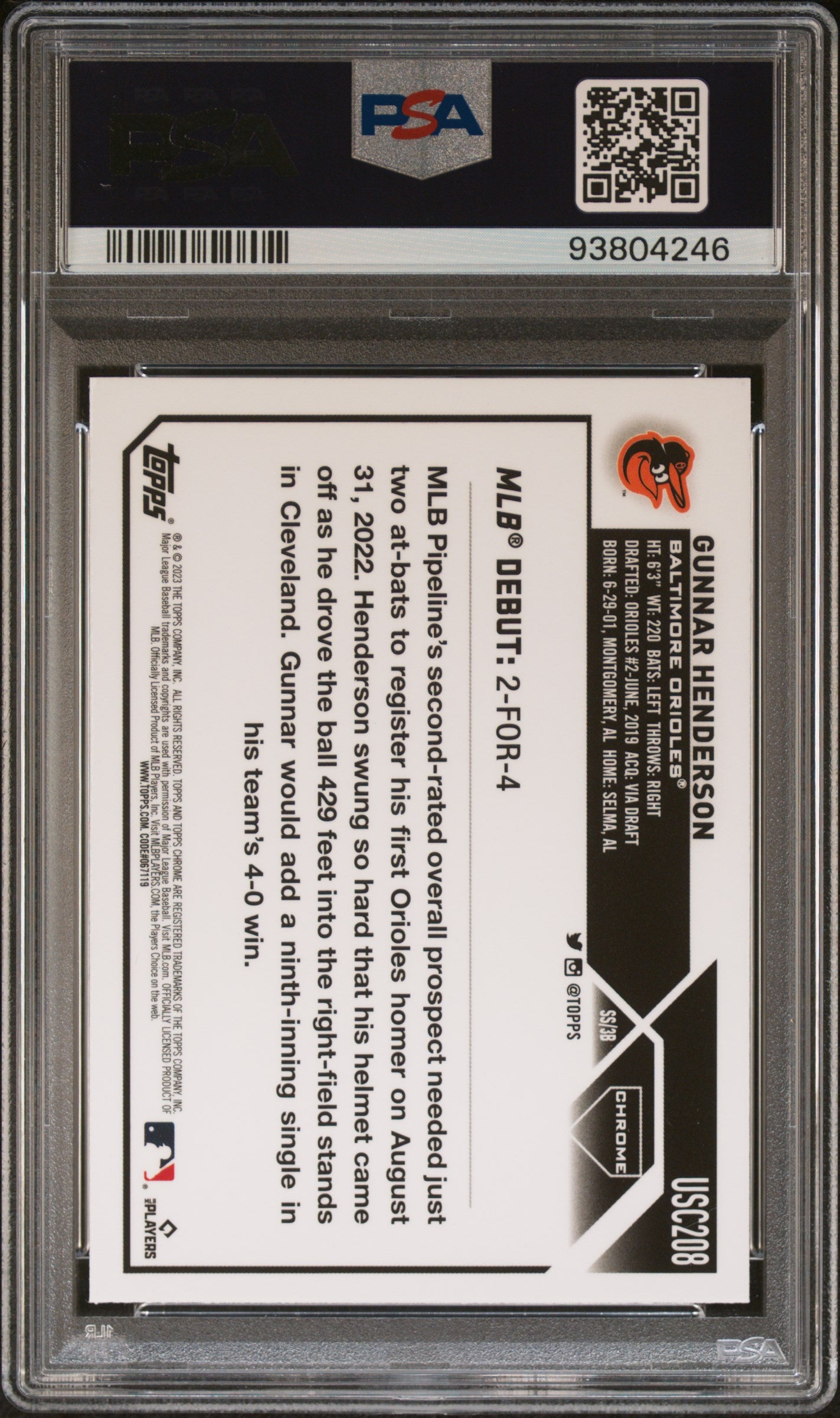 2023 Topps Chrome Update #USC208 Gunnar Henderson PSA 10