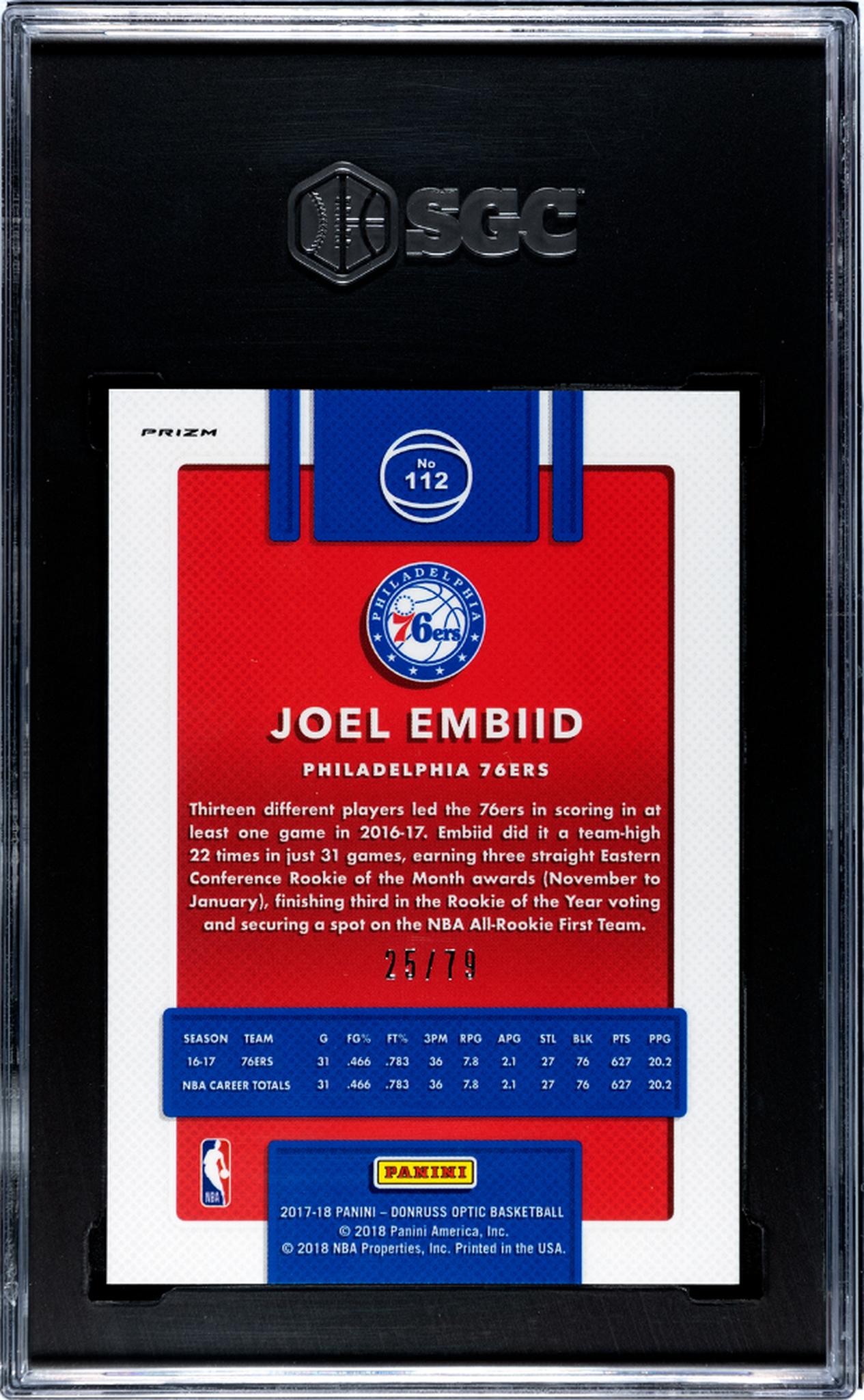 2017 Donruss Optic #112 Joel Embiid Pink Velocity Prizm /79 SGC 10