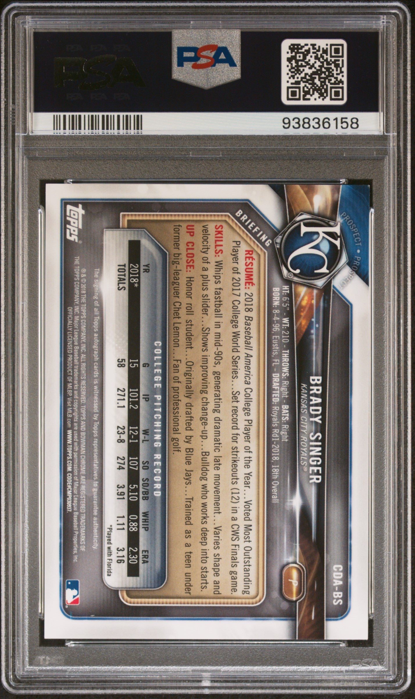 2018 Bowman Draft Chrome Brady Singer #CDA-BS Auto PSA 9