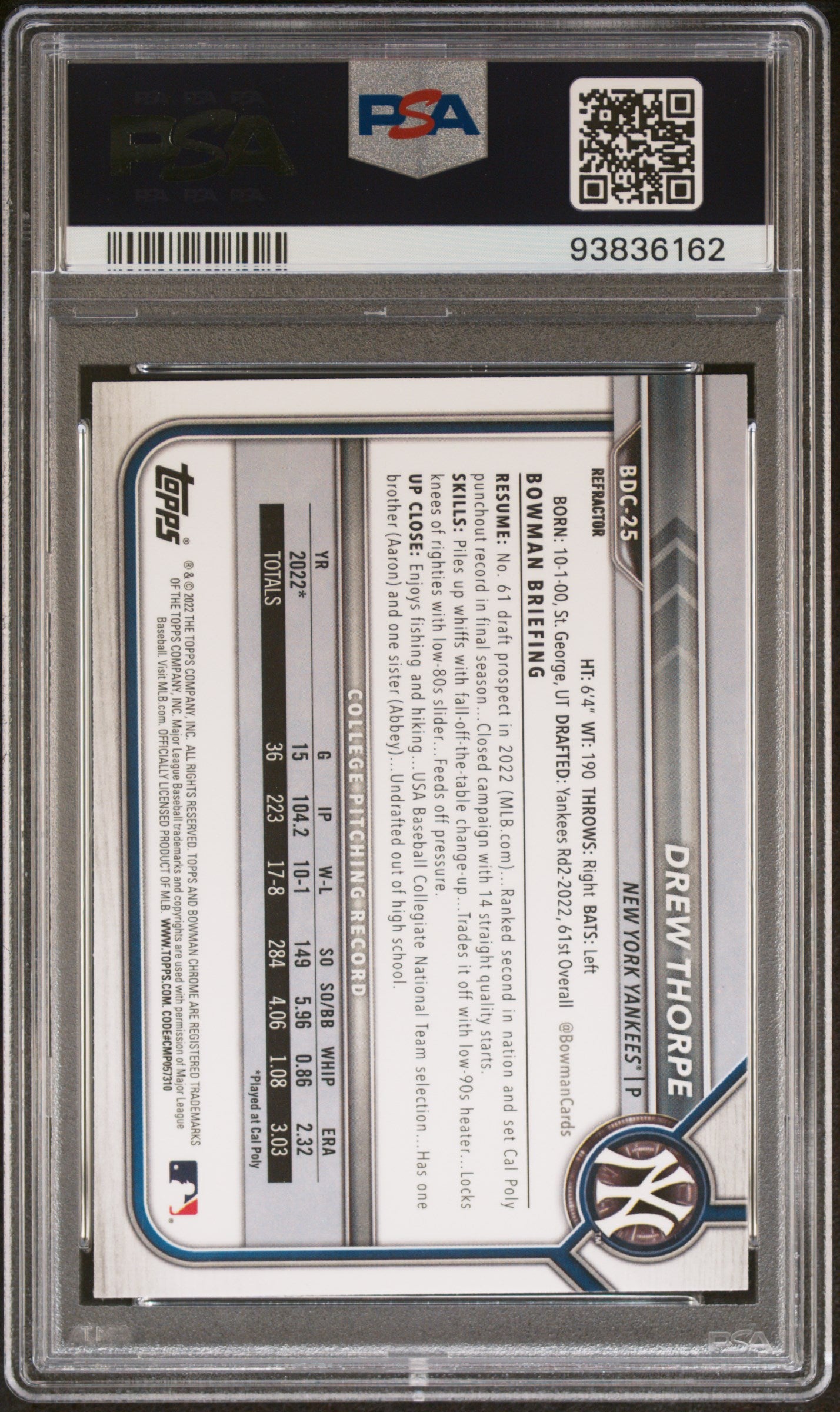 2022 Bowman Draft Chrome Refractor Drew Thorpe #BDC-25 PSA 10