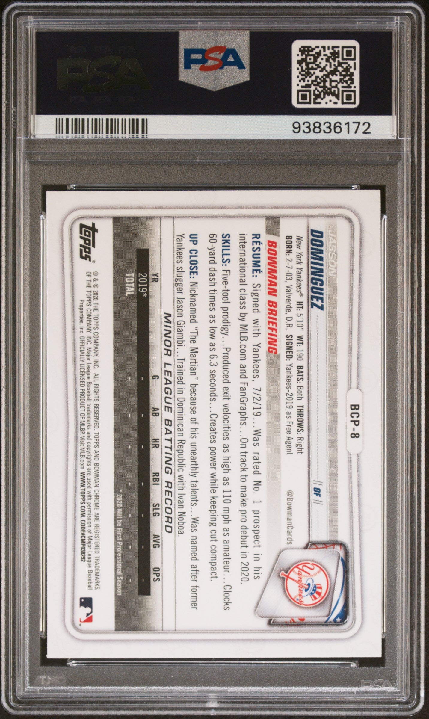 2020 Bowman Chrome Prospect Jasson Dominguez #BCP8 PSA 10