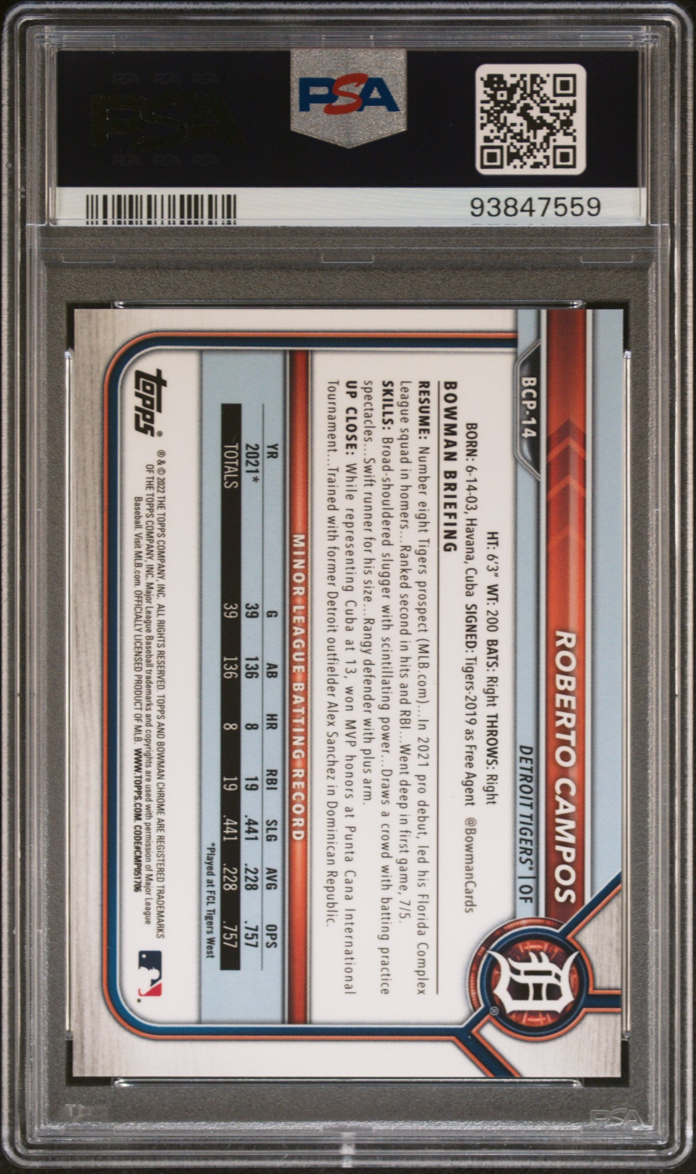 2022 Bowman Chrome Prospects Gold Refractor Roberto Campos #BCP-14 /50 PSA 9