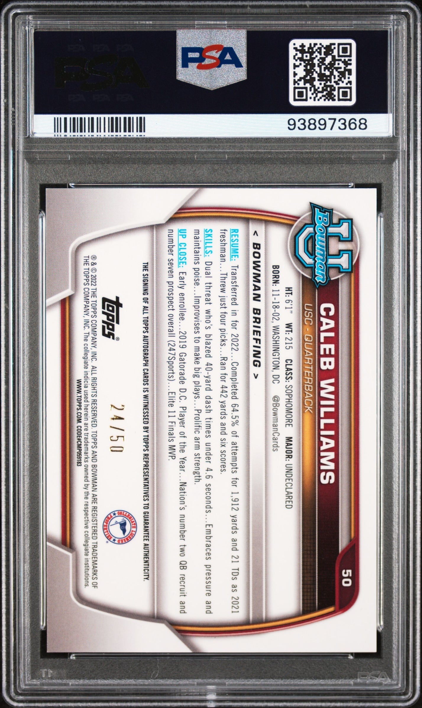 2022 Bowman Chrome University #50 Caleb Williams Autographs Gold Lava Refractors /50 PSA 10