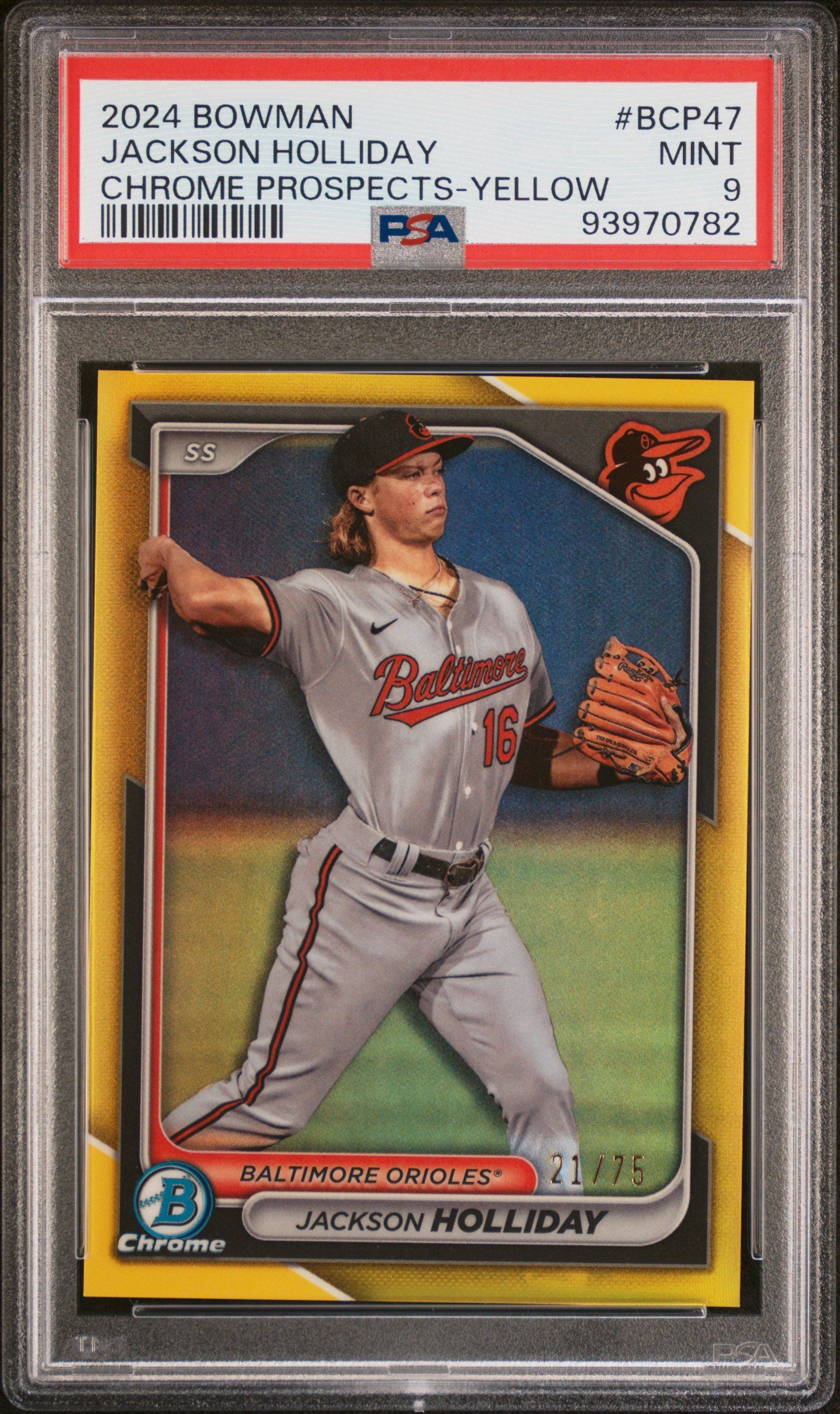 2024 Bowman Chrome Prospects Yellow Jackson Holliday #BCP47 /75 PSA 9