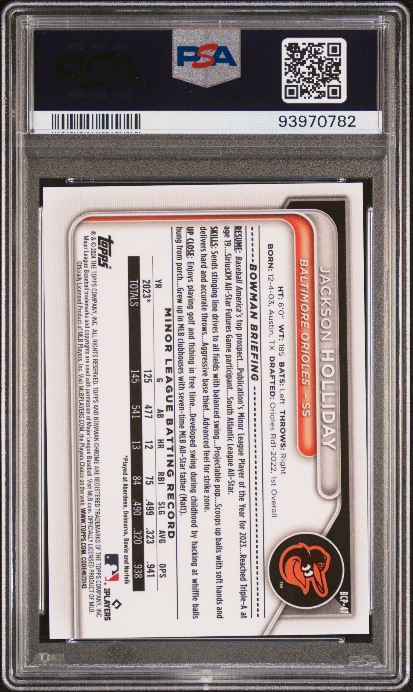 2024 Bowman Chrome Prospects Yellow Jackson Holliday #BCP47 /75 PSA 9