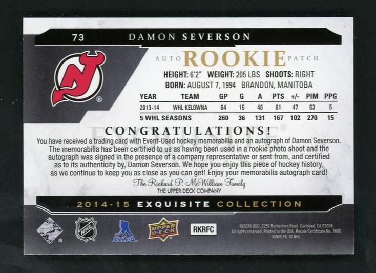 2014 Upper Deck Exquisite Collection 73 Damon Severson Rookie Patch Rookie /299 New Jersey Devils Auto