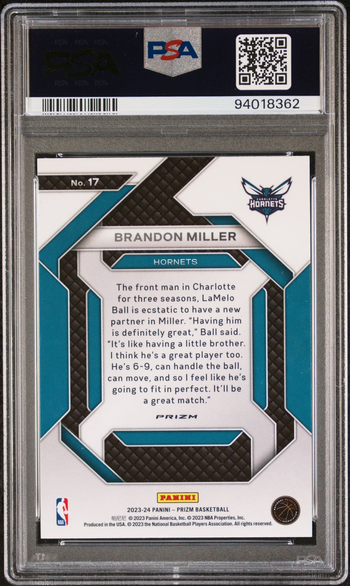 2023 Panini Prizm Emergent Green Prizm Brandon Miller #17 PSA 10