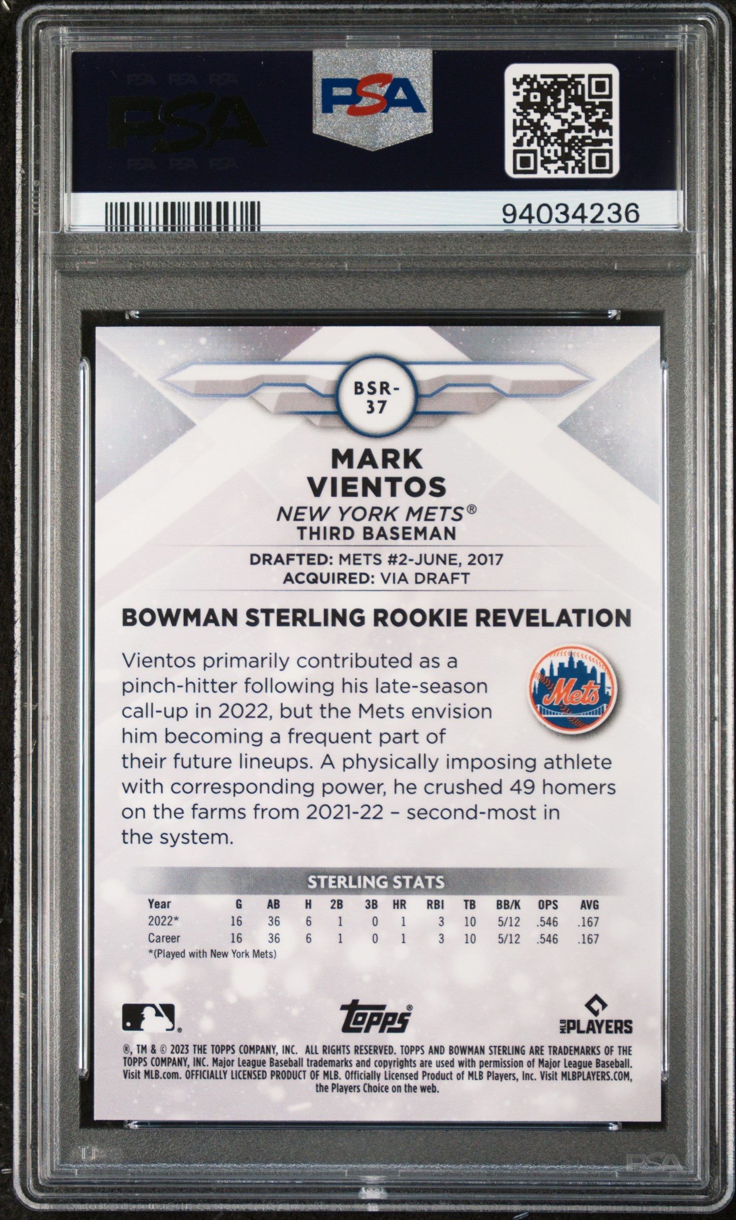 2023 Bowman Sterling Gold Refractor Mark Vientos #BSR37 PSA 9