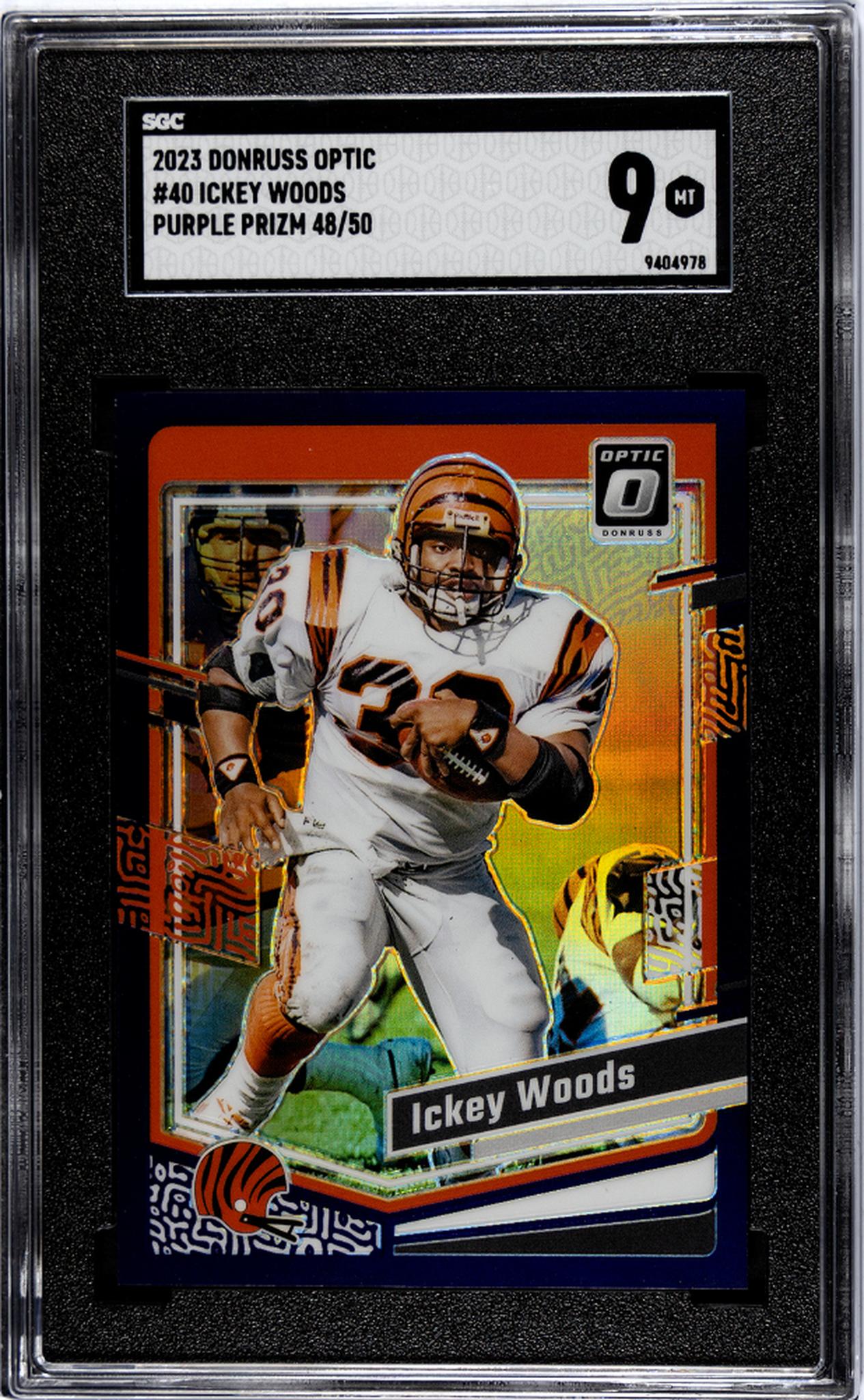 2023 Panini Donruss Optic Purple Prizm Ickey Woods #40 /50 SGC 9