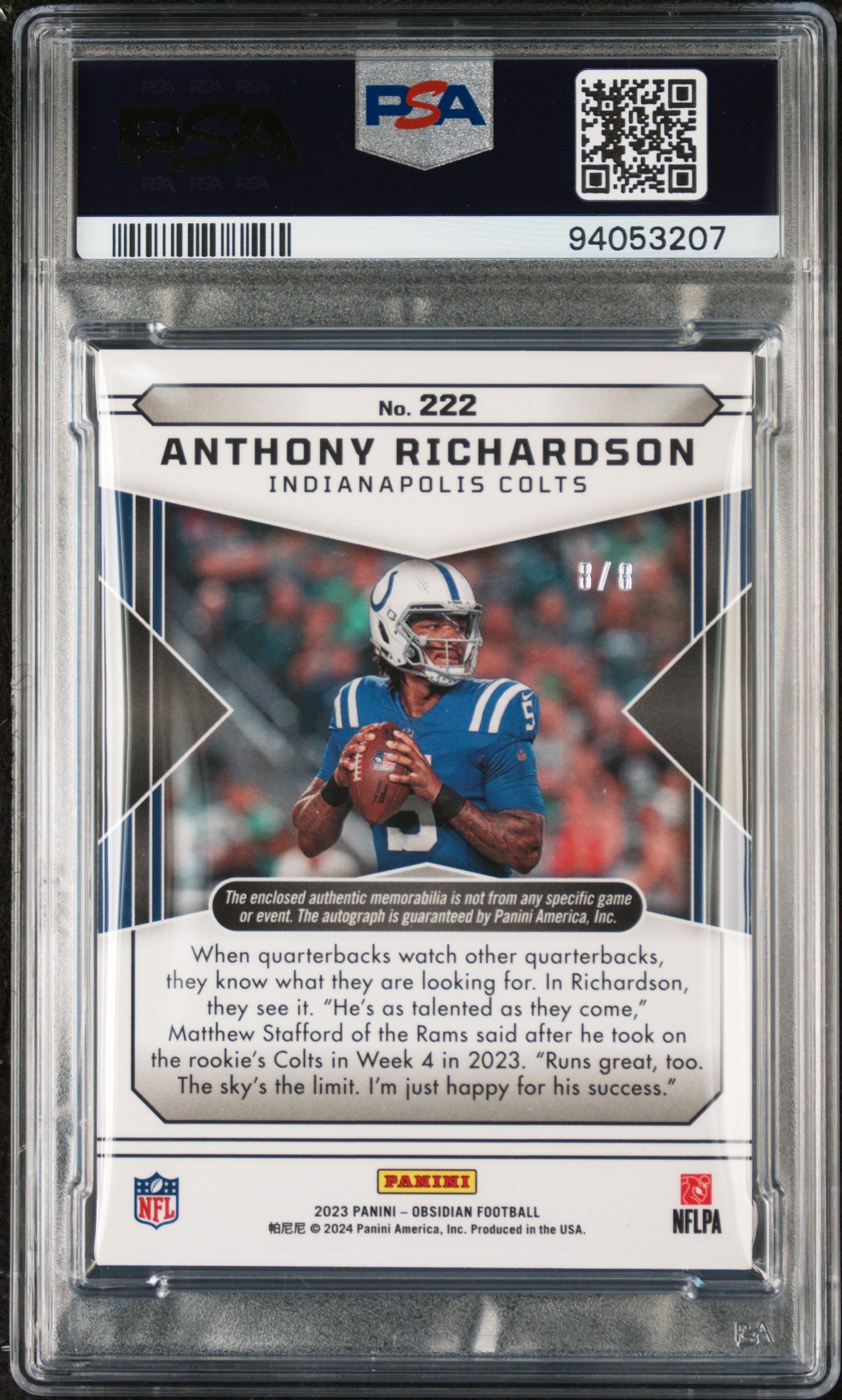 2023 Panini Obsidian Electric Etch Red Anthony Richardson #222 RC RPA /8 PSA 9