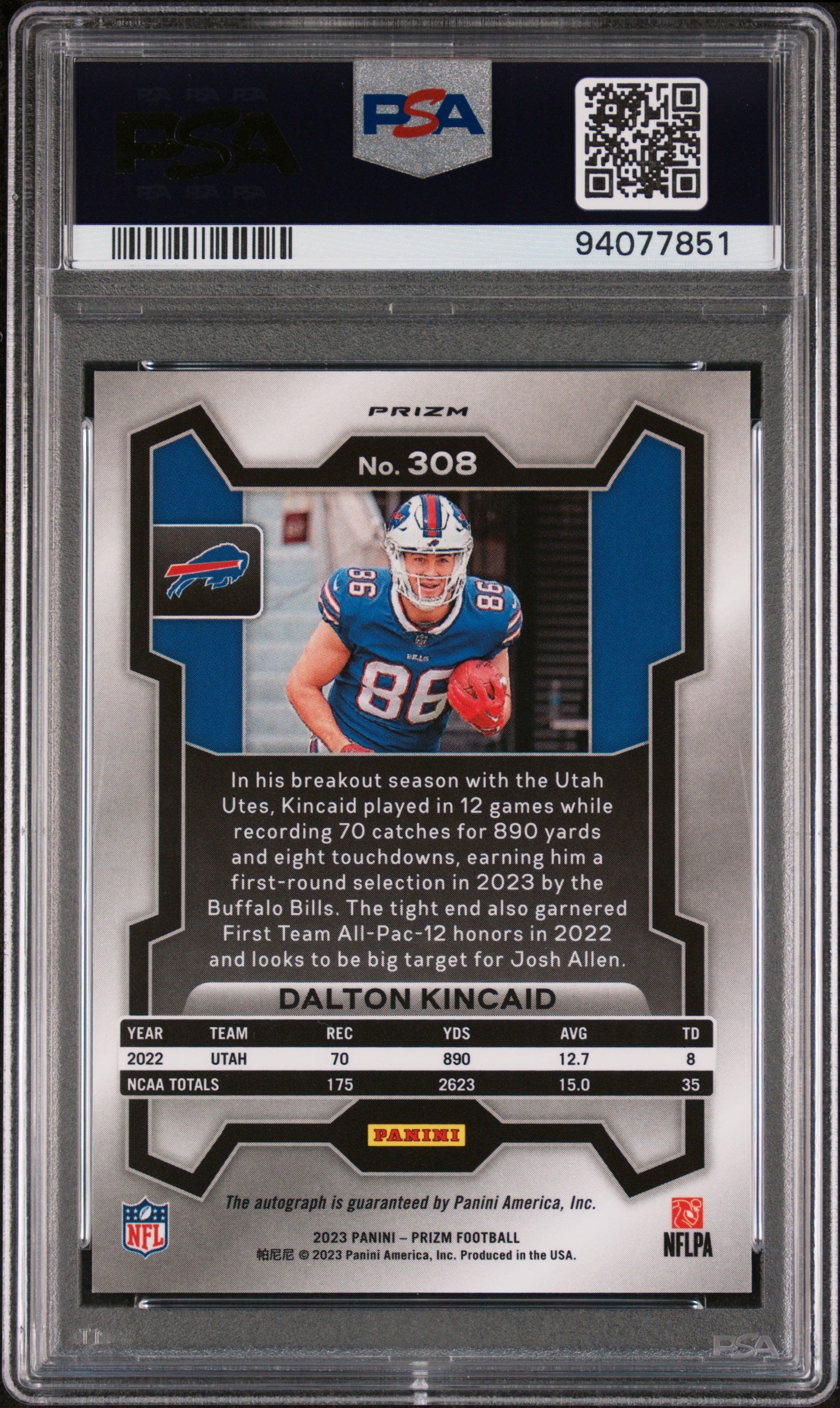 2023 Panini Prizm Dalton Kincaid #308 RC Auto PSA 10